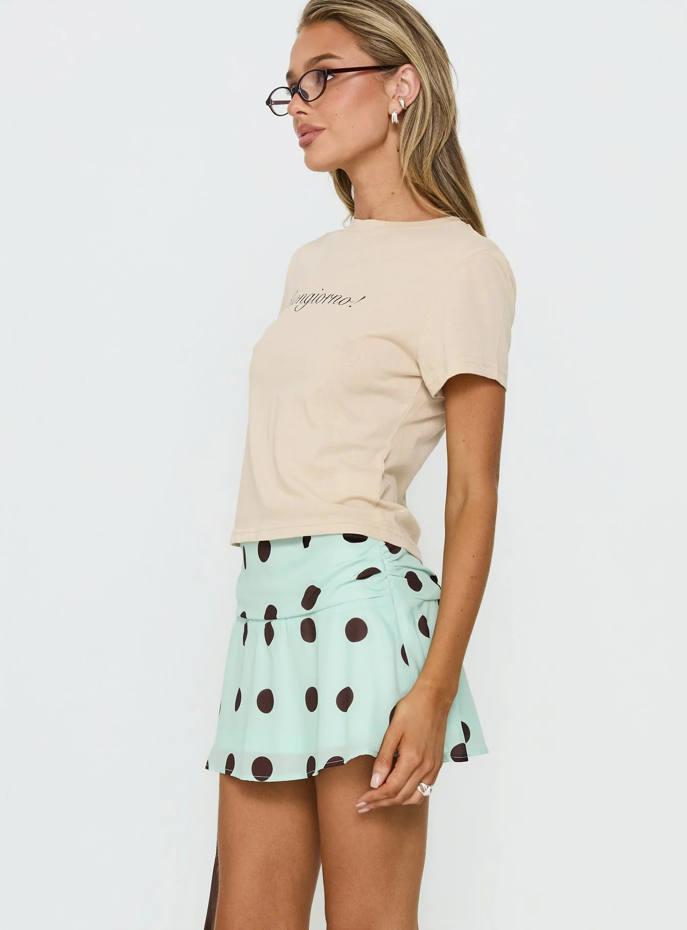 Elicia Ruched Mini Skirt Mint / Chocolate Polka Dot - Image 3