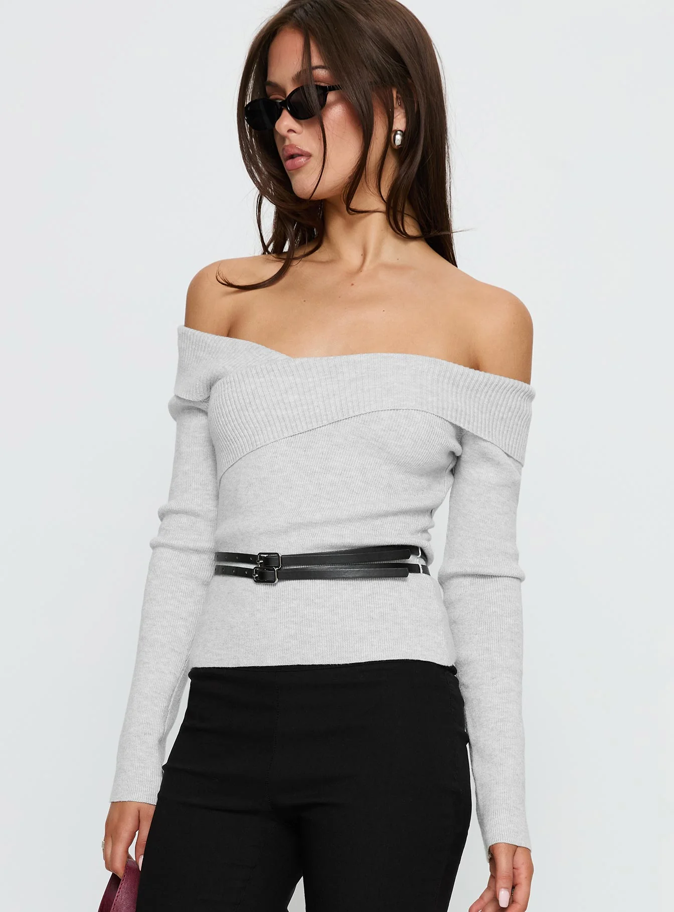 Ellenore Belt Detail Off Shoulder Top Grey - Image 4