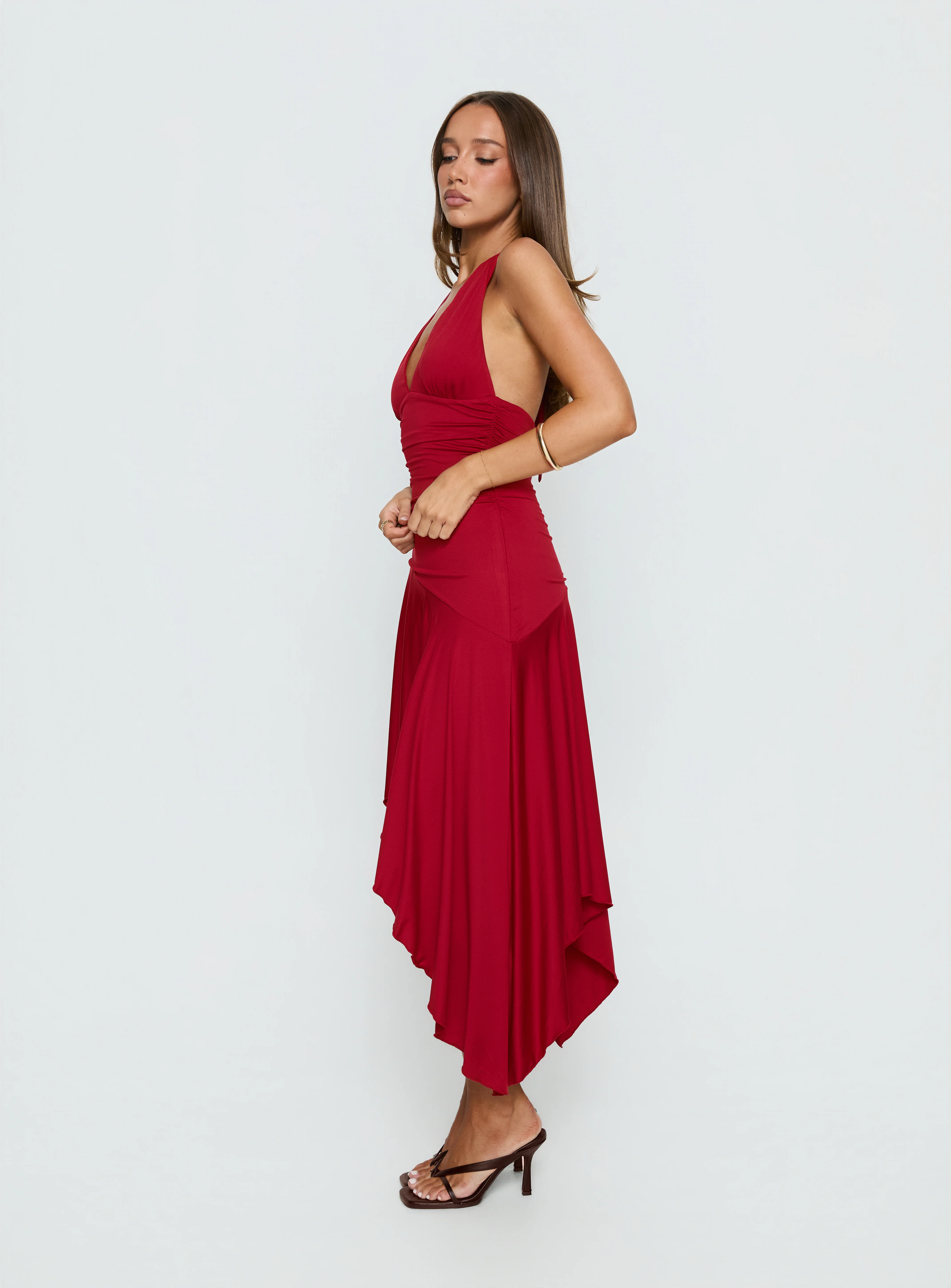Emara Halter Asymmetrical Midi Dress Red - Image 4