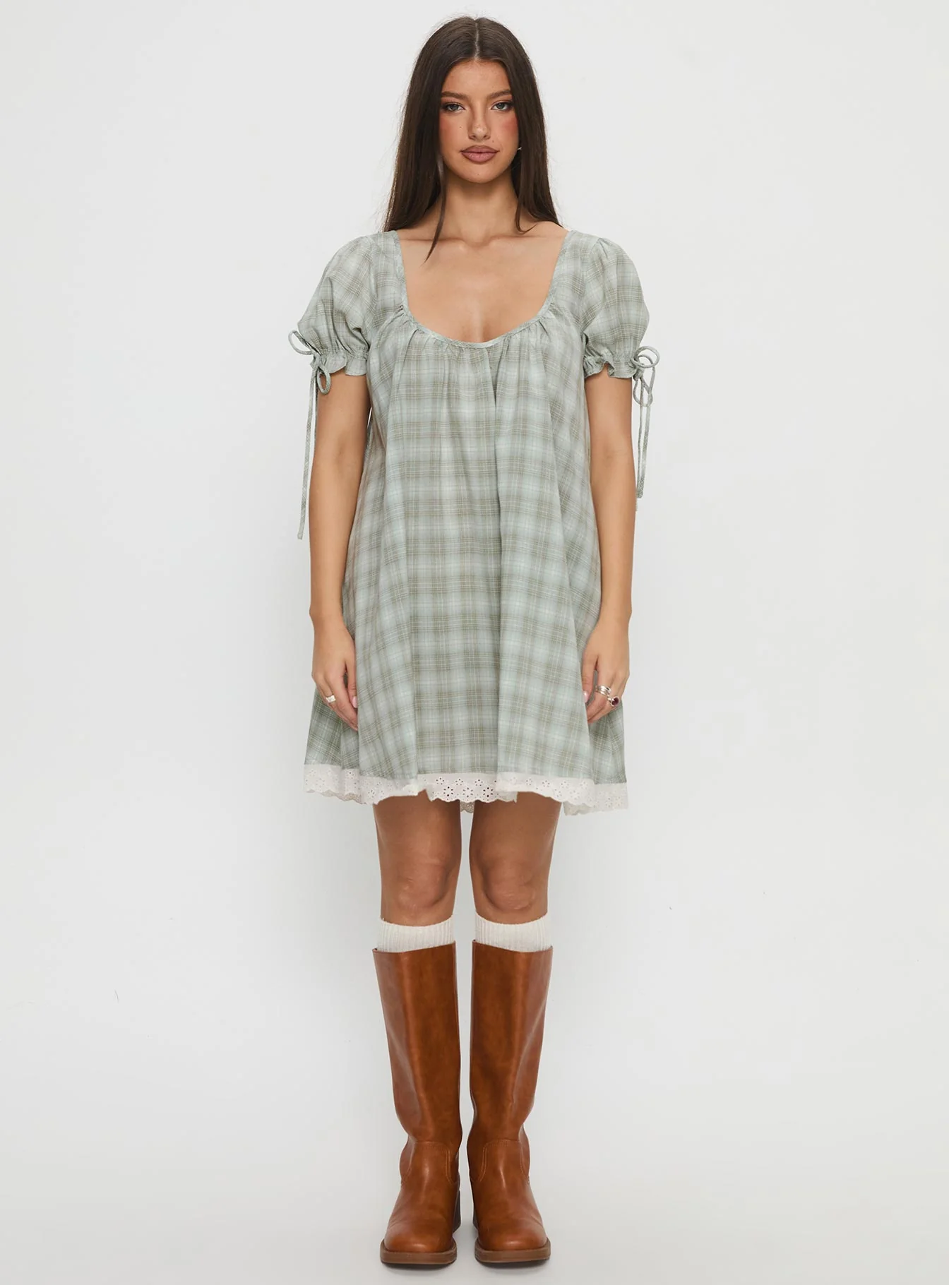 Embracing Puff Sleeve Swing Mini Dress Blue Check - Image 7