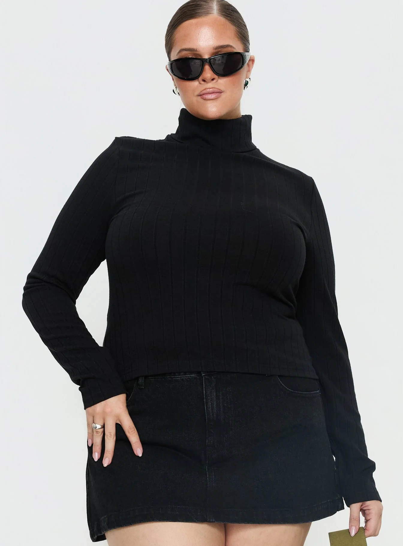 Enisa High Neck Long Sleeve Top Black Curve - Image 2
