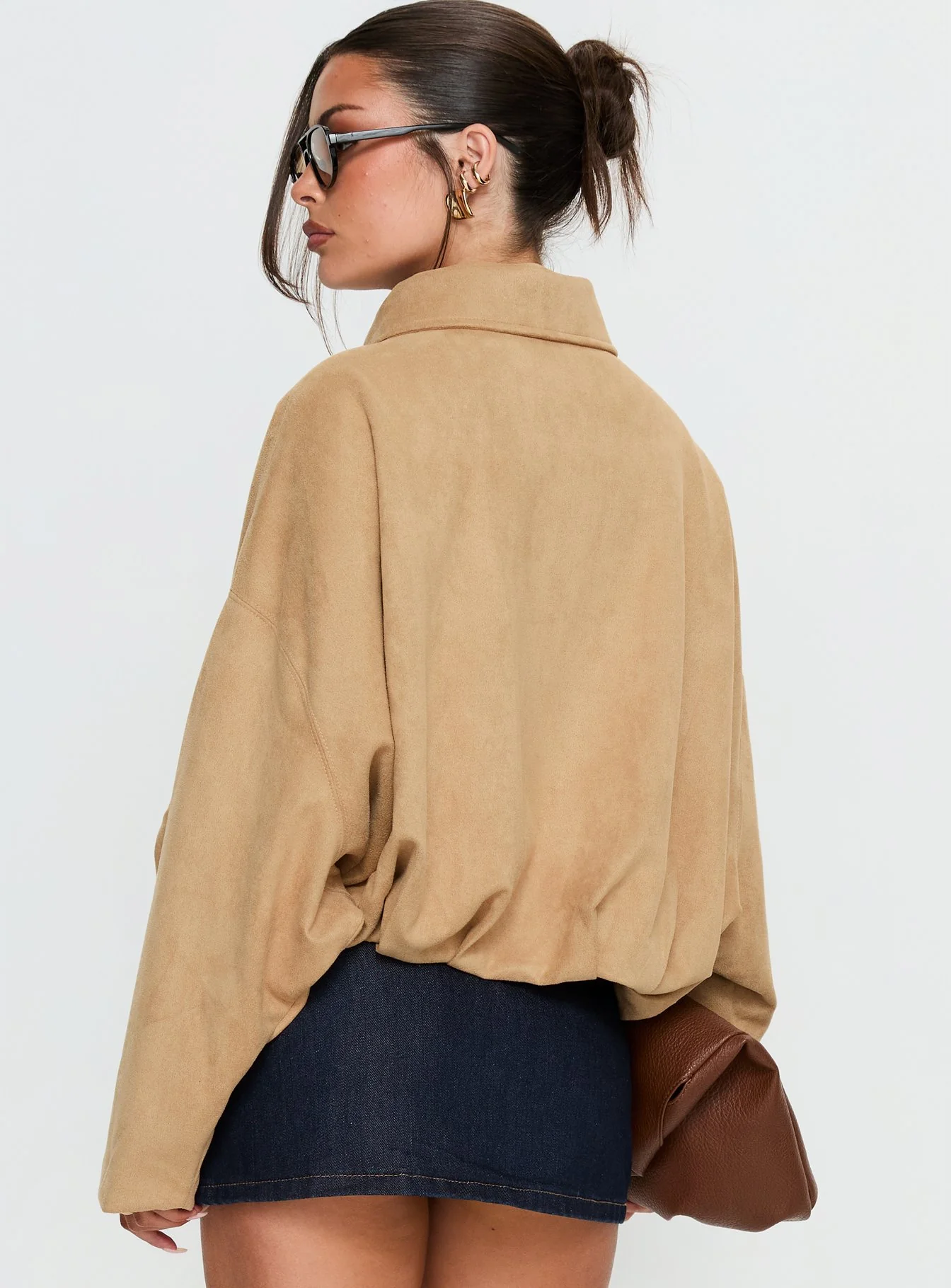 Enlightened Faux Suede Bomber Jacket Beige - Image 4