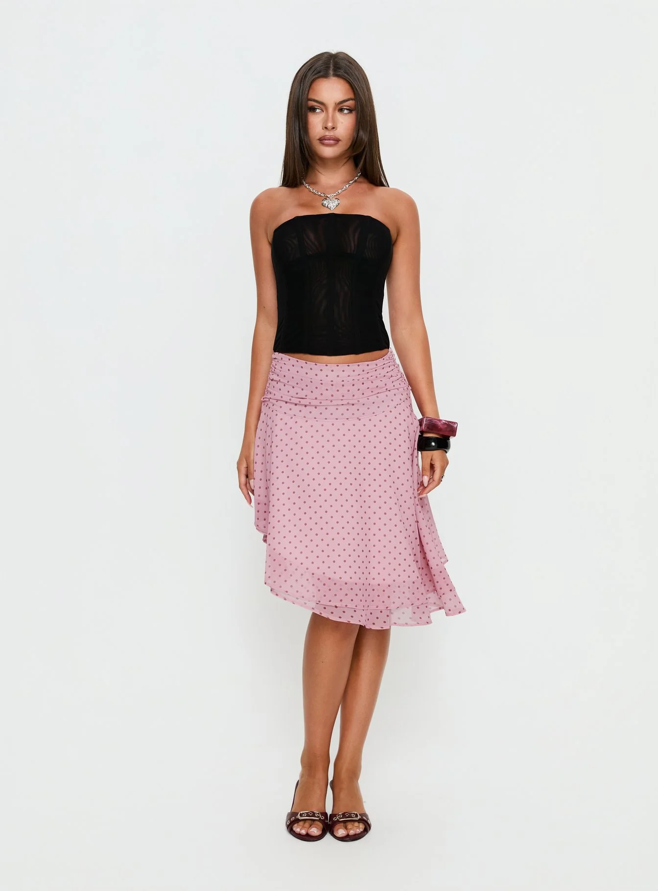 Evanescence Asymmetrical Midi Skirt Pink Polka Dot - Image 3