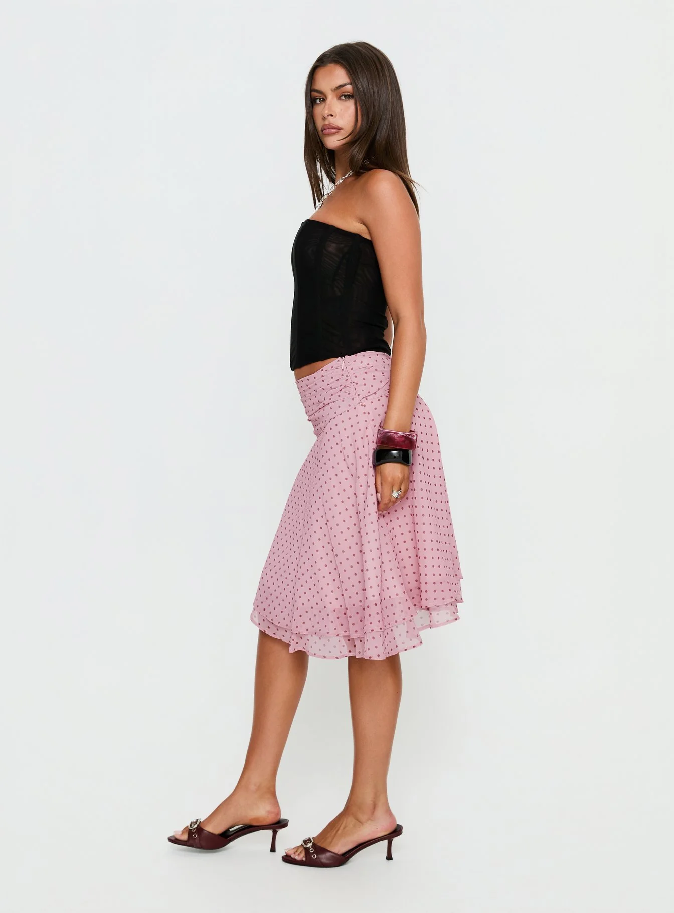 Evanescence Asymmetrical Midi Skirt Pink Polka Dot - Image 4
