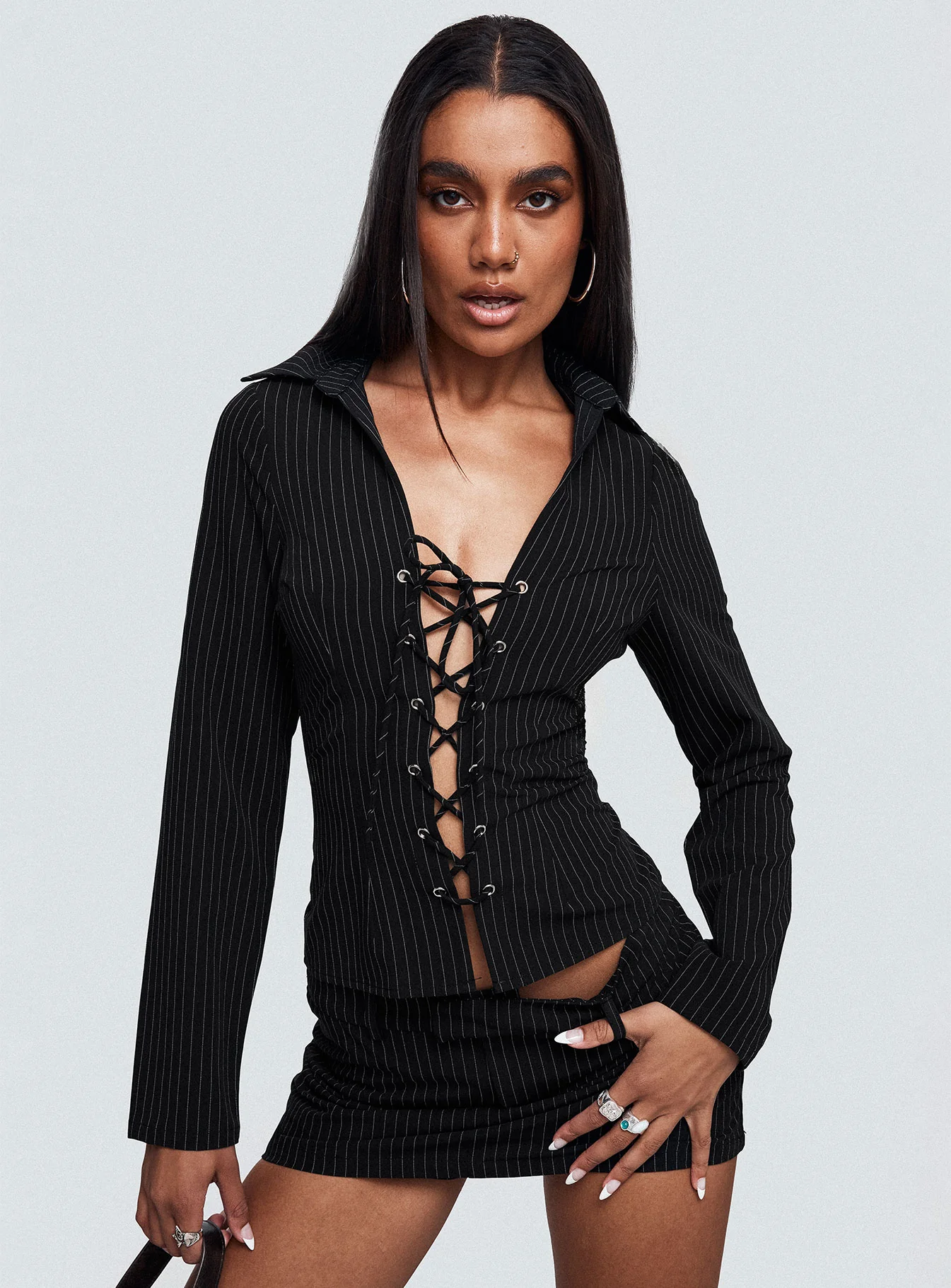 Feminique Tie Up Long Sleeve Top Black Stripe - Image 8