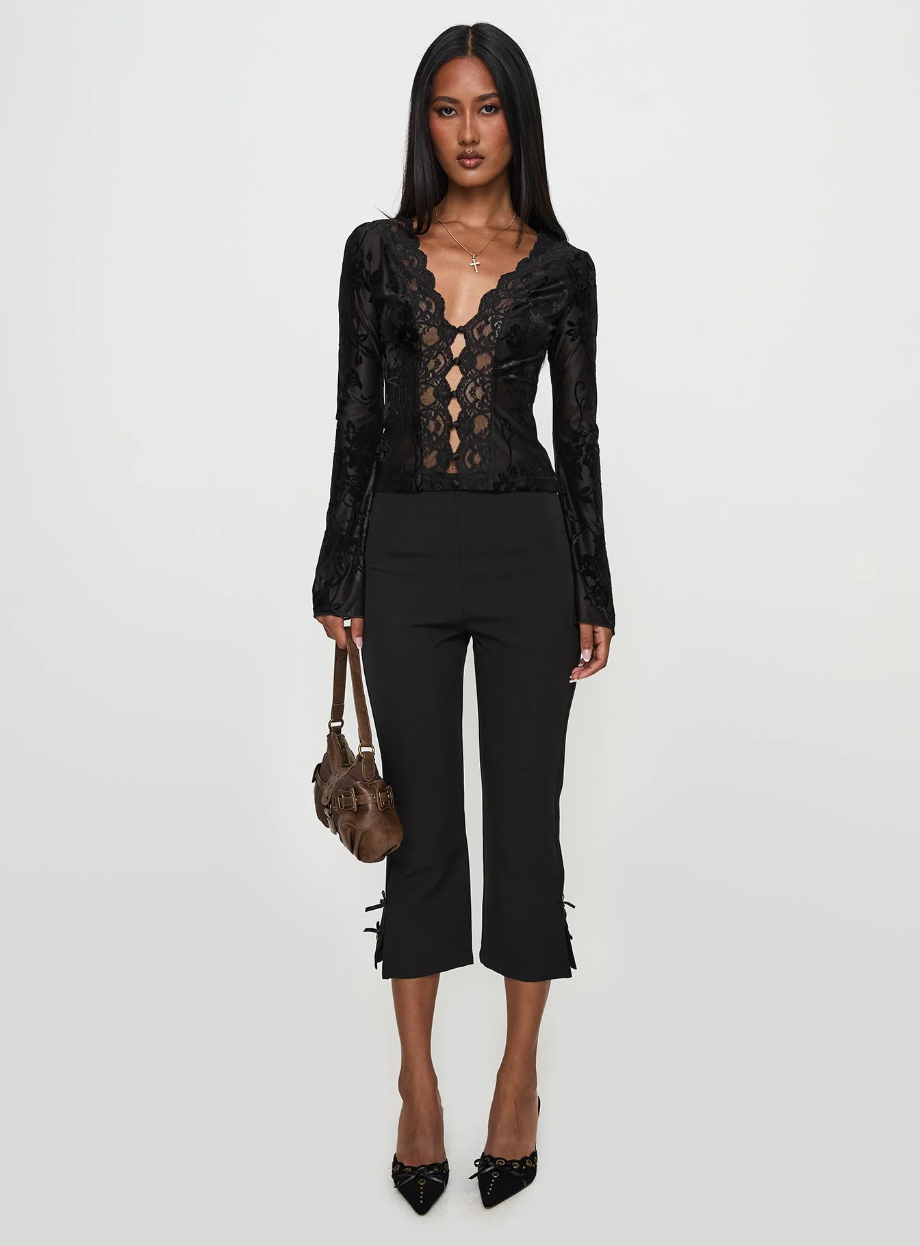 Find An Angel Long Sleeve Lace Trim Top Black - Image 6