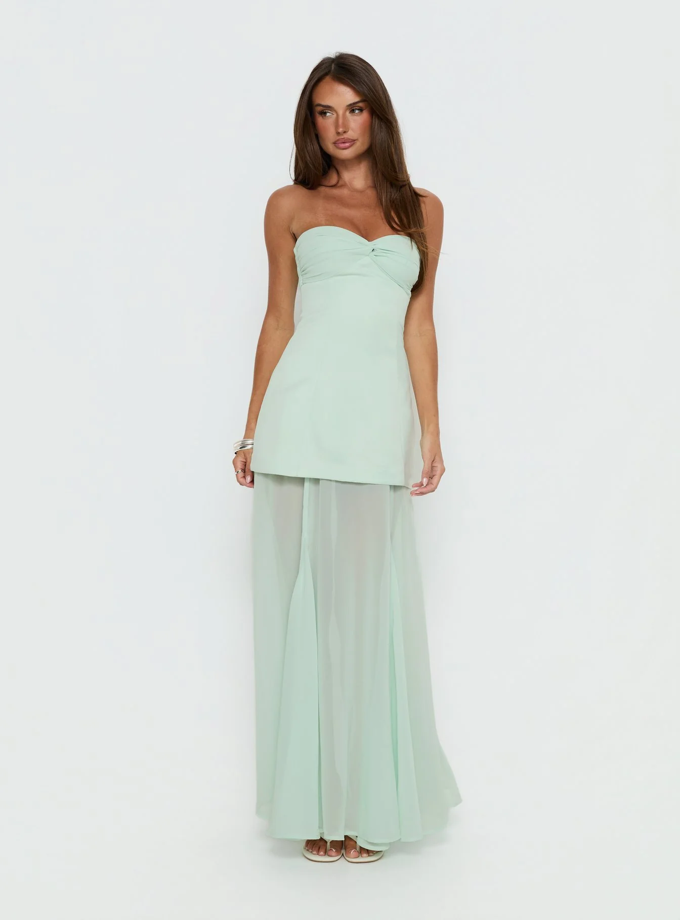 Flashy Sheer Chiffon Strapless Maxi Dress Green - Image 2