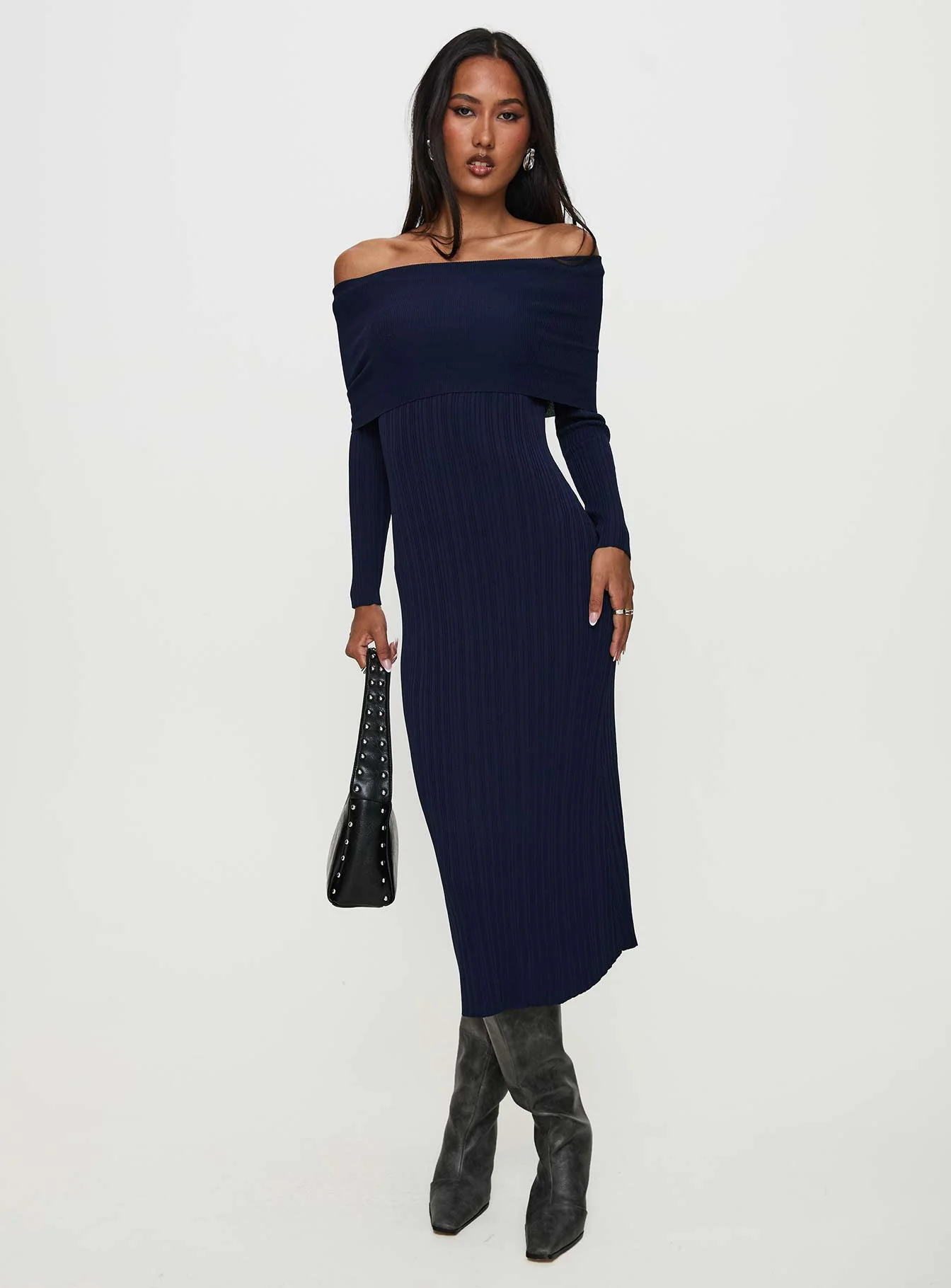 Flisse Long Sleeve Rib Maxi Dress Navy - Image 2