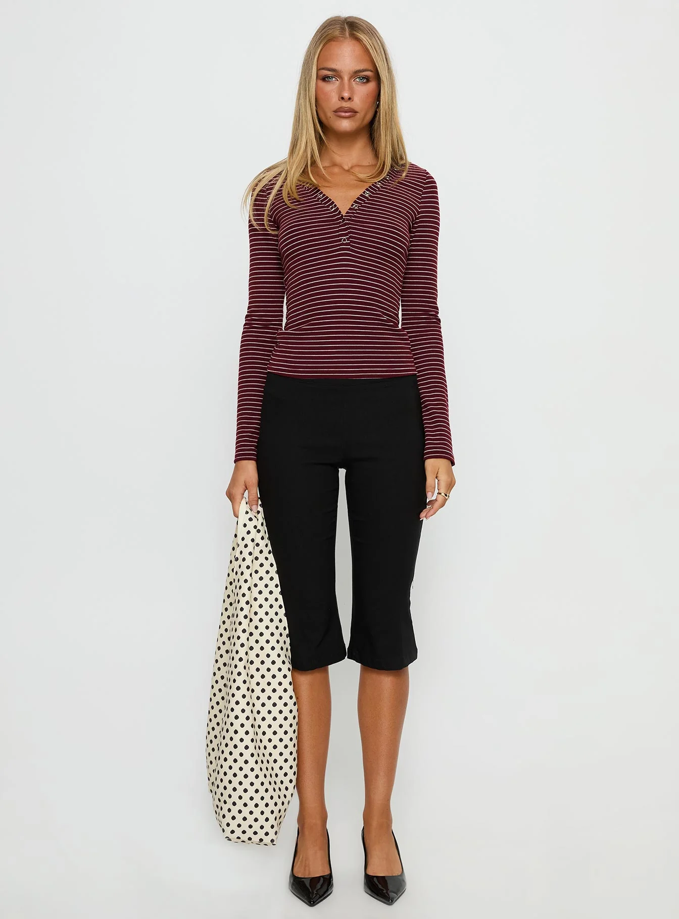 Georgeanna Button Up Long Sleeve Top Burgundy Stripe - Image 6