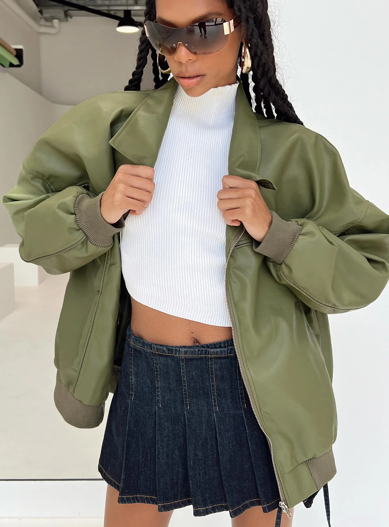 Goldsmith Faux Leather Bomber Jacket Green - Image 5