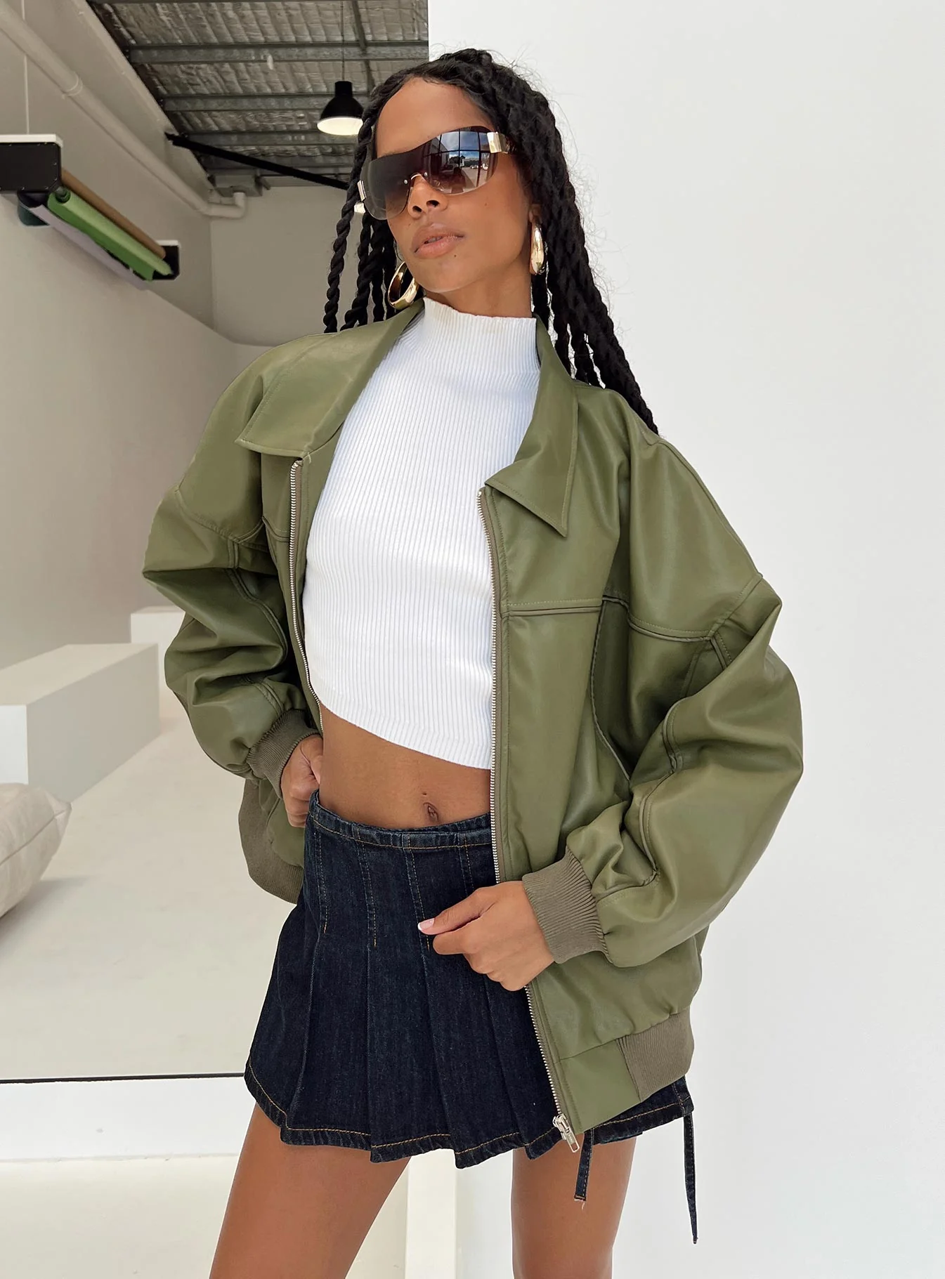 Goldsmith Faux Leather Bomber Jacket Green - Image 8