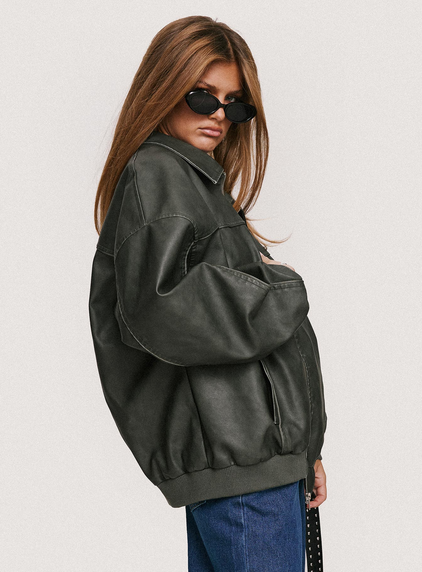 Goldsmith Faux Leather Bomber Jacket Washed Forest - Image 2