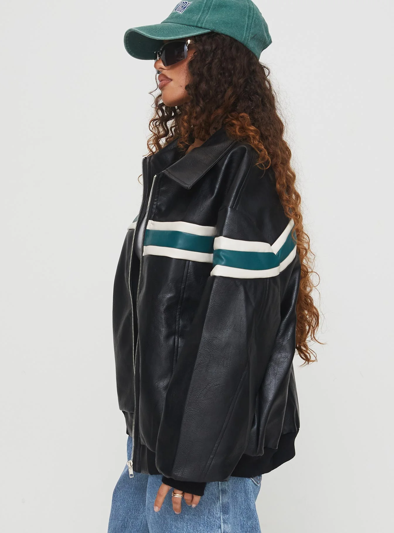 Goldsmith Faux Leather Bomber Jacket Black / Green - Image 4