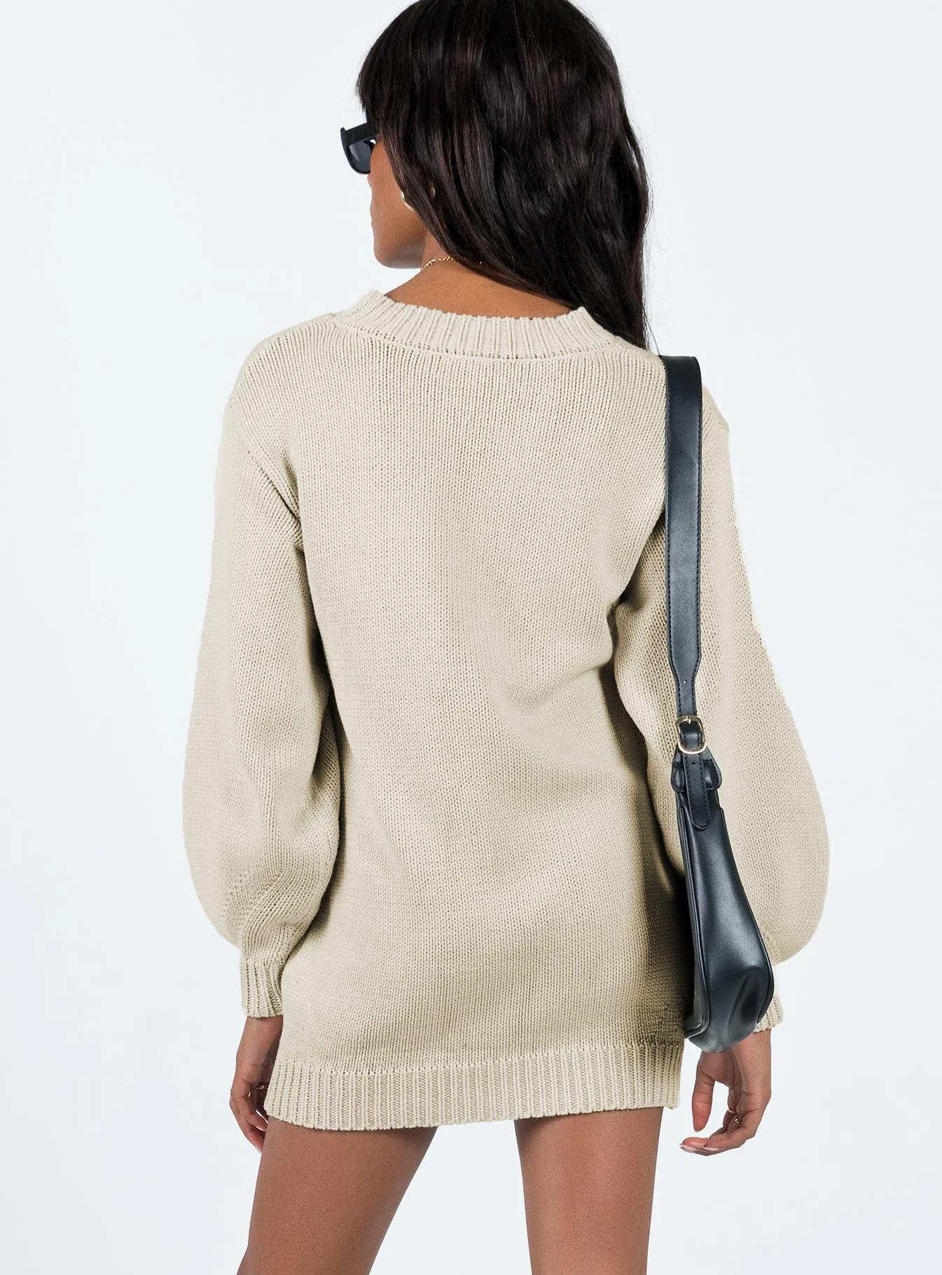 Harmony Balloon Sleeve Knit Mini Dress Beige - Image 5