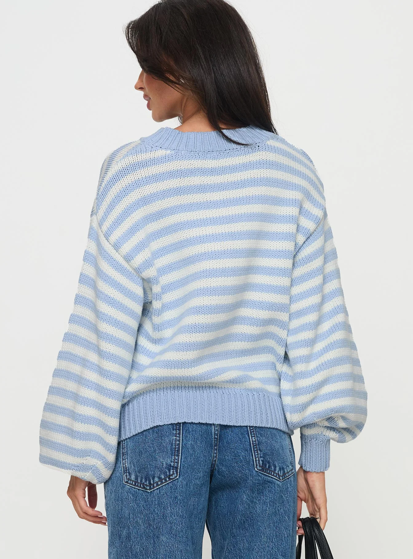 Harmony Balloon Sleeve Knit Sweater Blue / White Stripe - Image 5