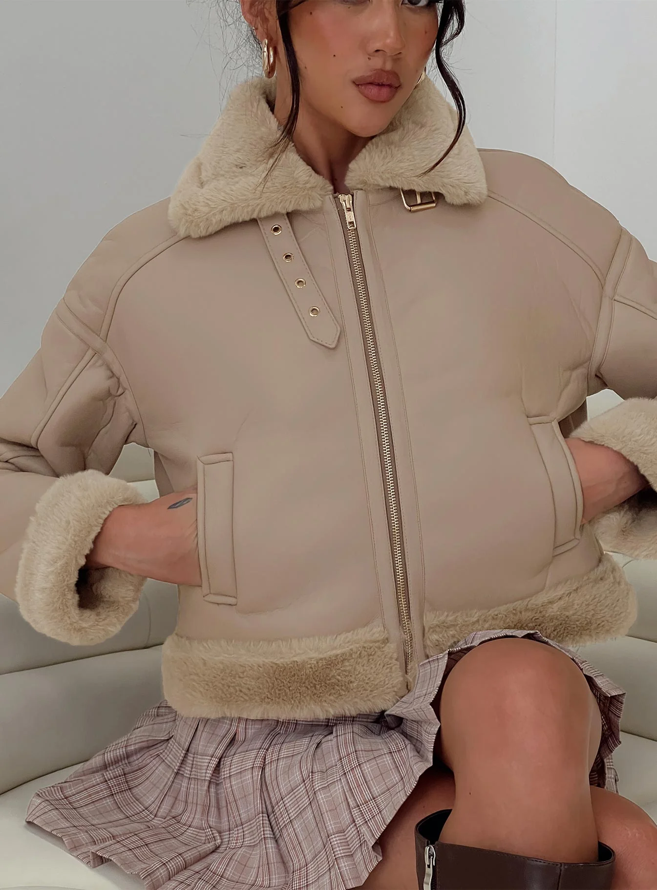 Henessy Faux Leather Jacket Beige - Image 7