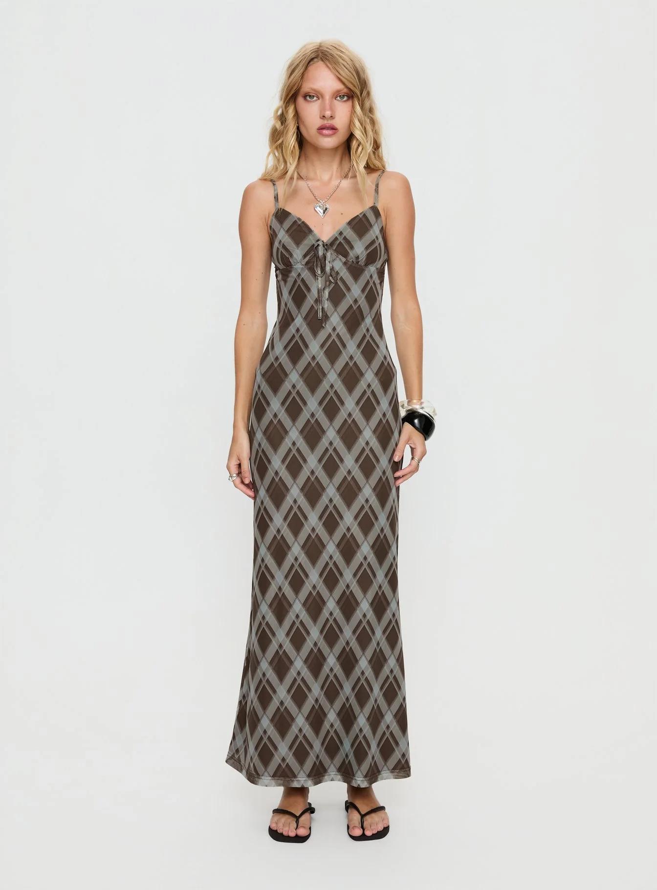Idaline V Neck Maxi Dress Brown Check - Image 6
