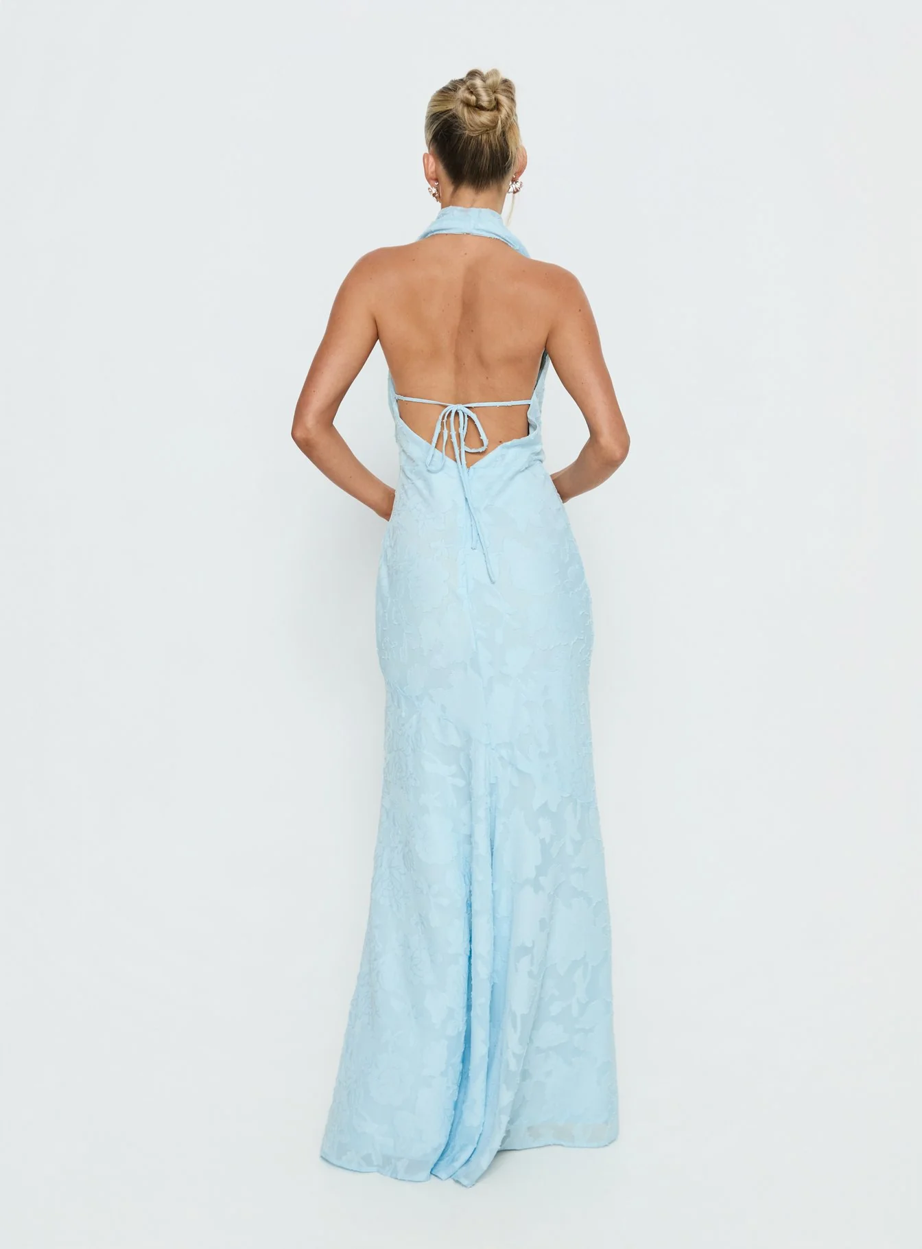 Invisible String Cowl Plunge Backless Maxi Dress Light Blue - Image 5