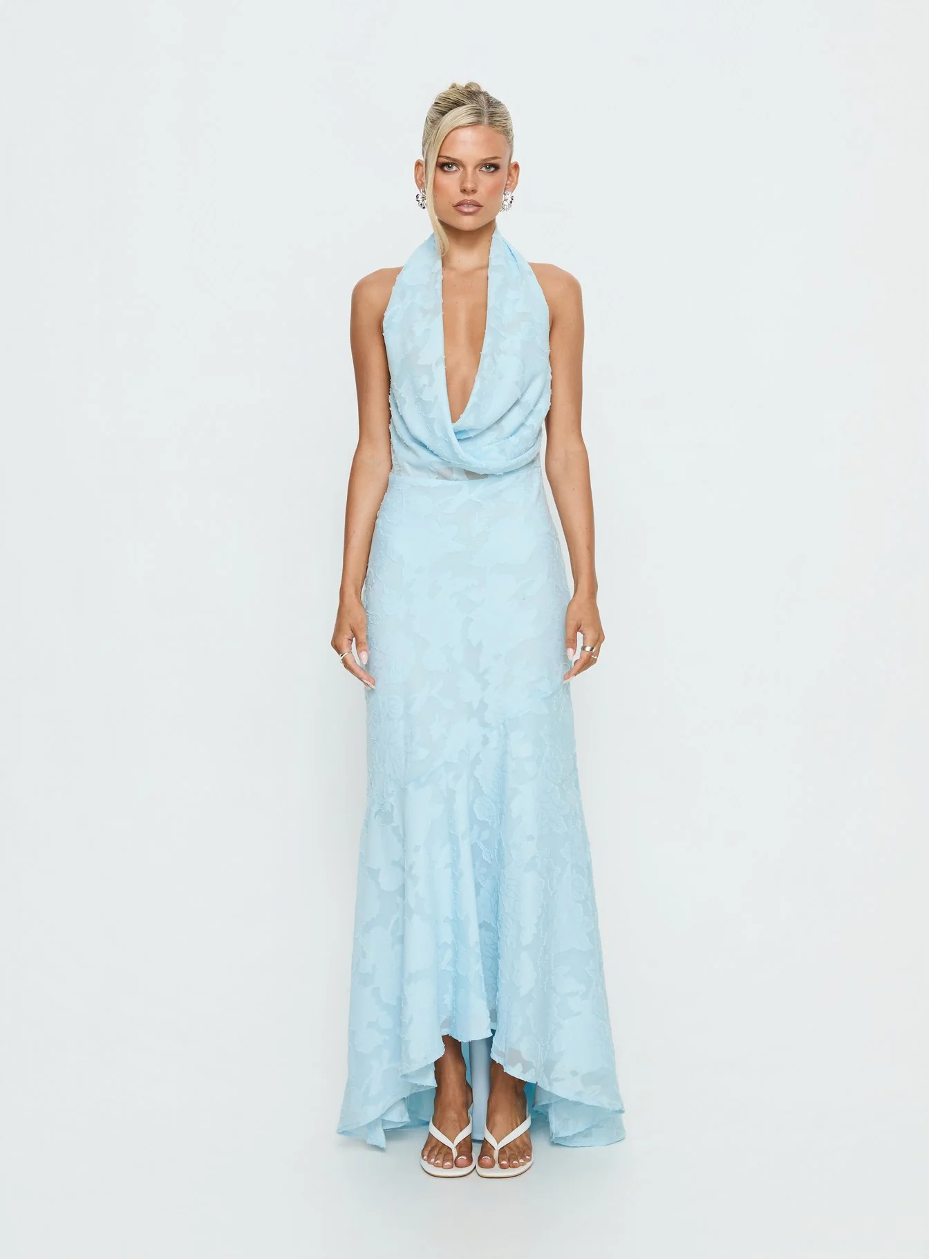 Invisible String Cowl Plunge Backless Maxi Dress Light Blue - Image 9
