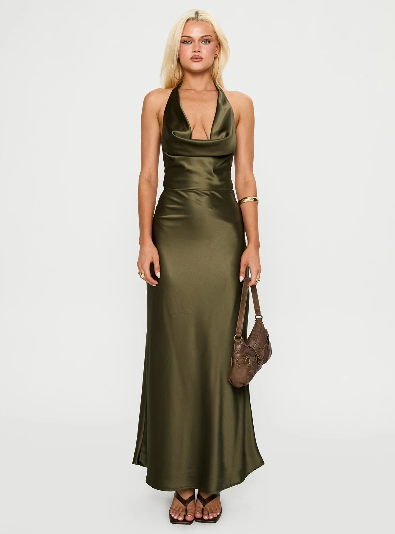 Iridescent Plunge Maxi Dress Olive Green - Image 6