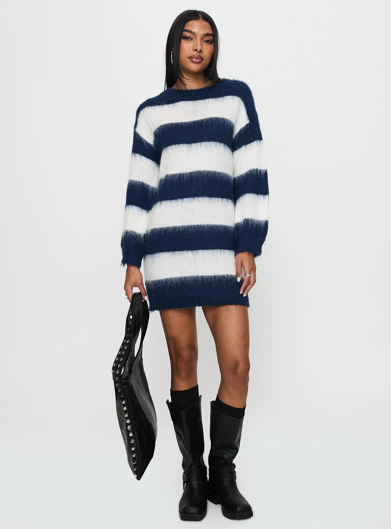 Iryna Long Sleeve Knit Mini Dress Navy / White Stripe - Image 2