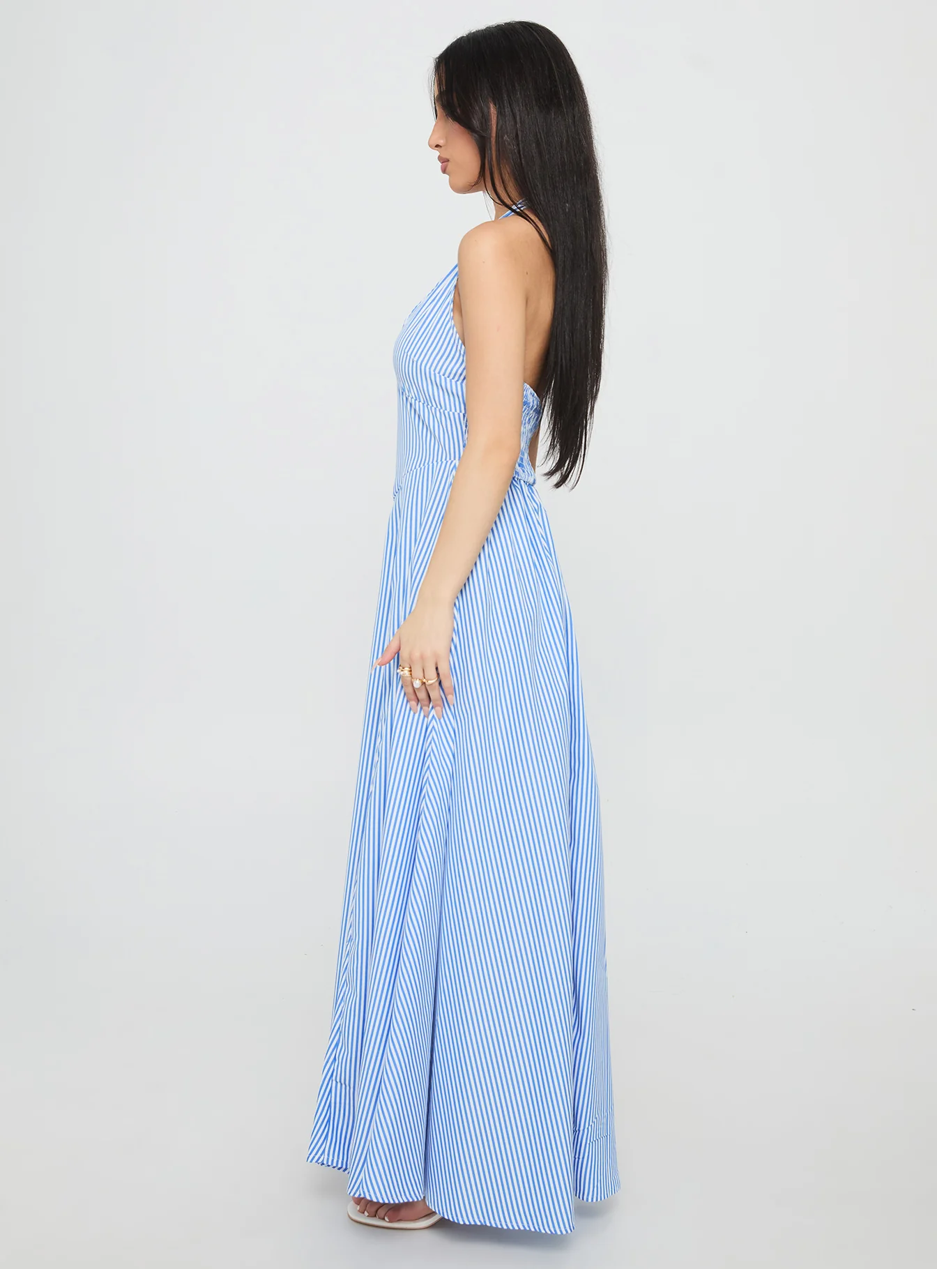 Ivie Halter Plunge Maxi Dress Blue Stripe - Image 3