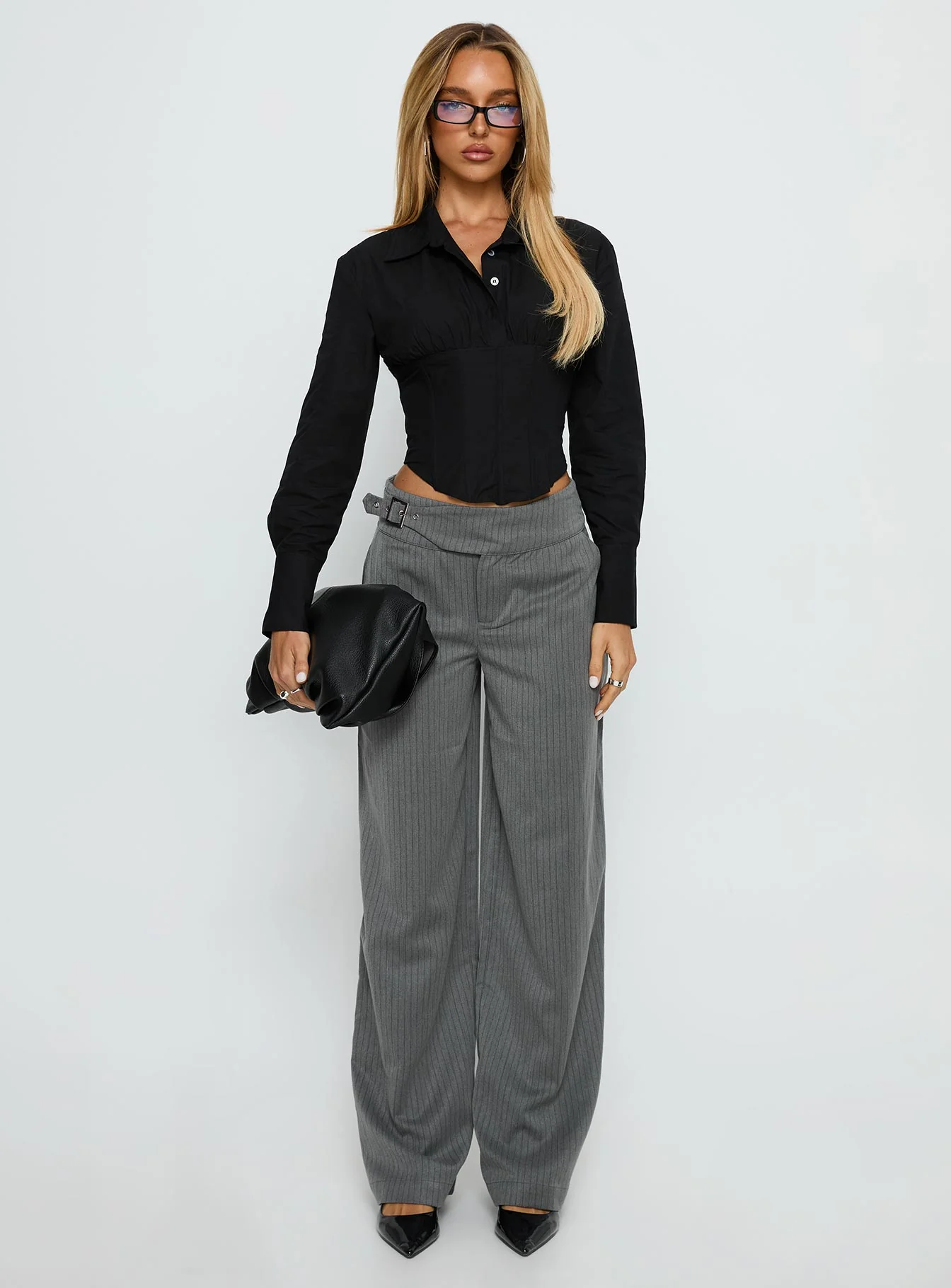 Jinny Relaxed Buckle Tailored Pants Grey Pinstripe - Image 7