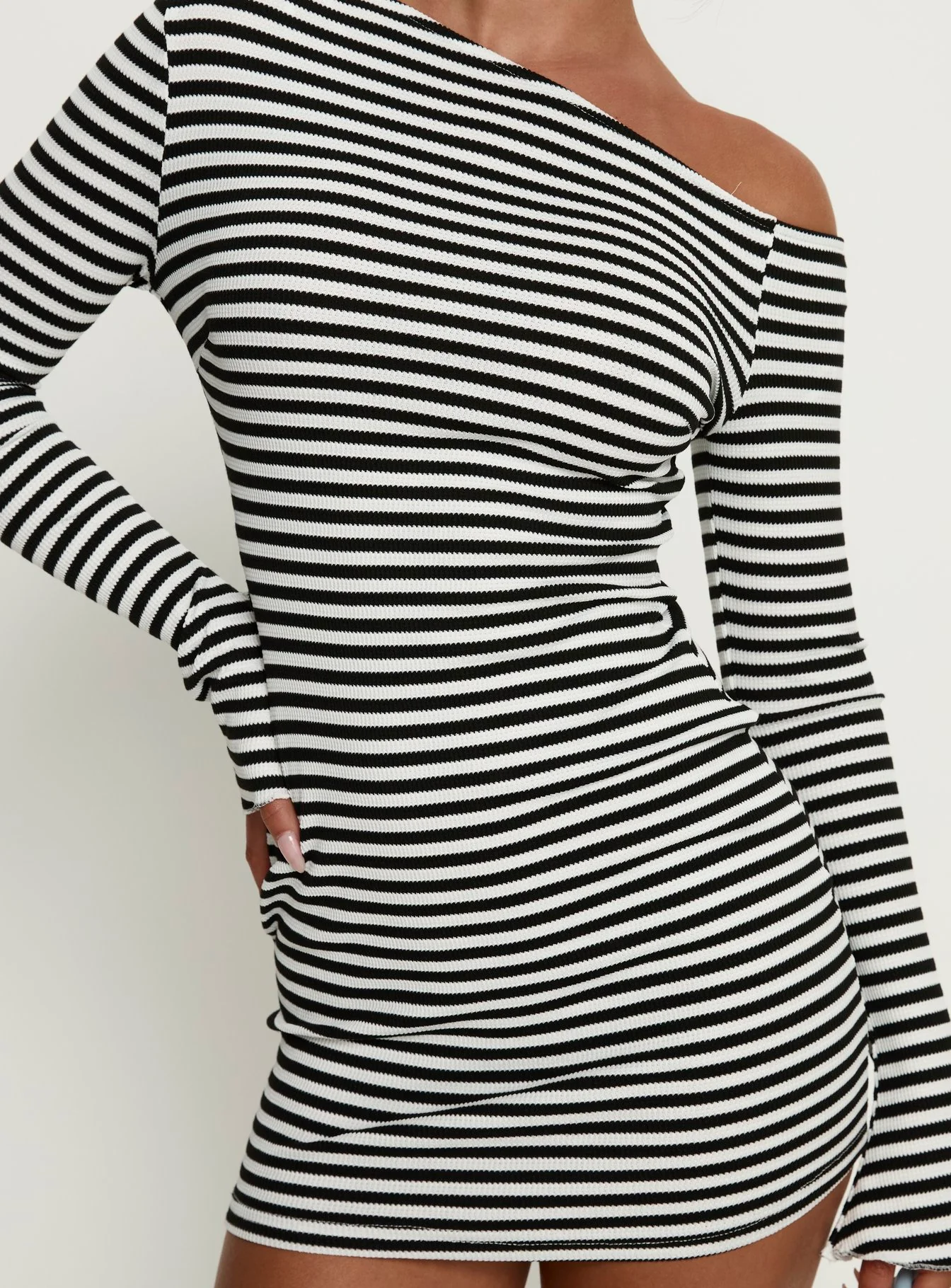 Journi Off Shoulder Long Sleeve Mini Dress Black / White Stripe - Image 6