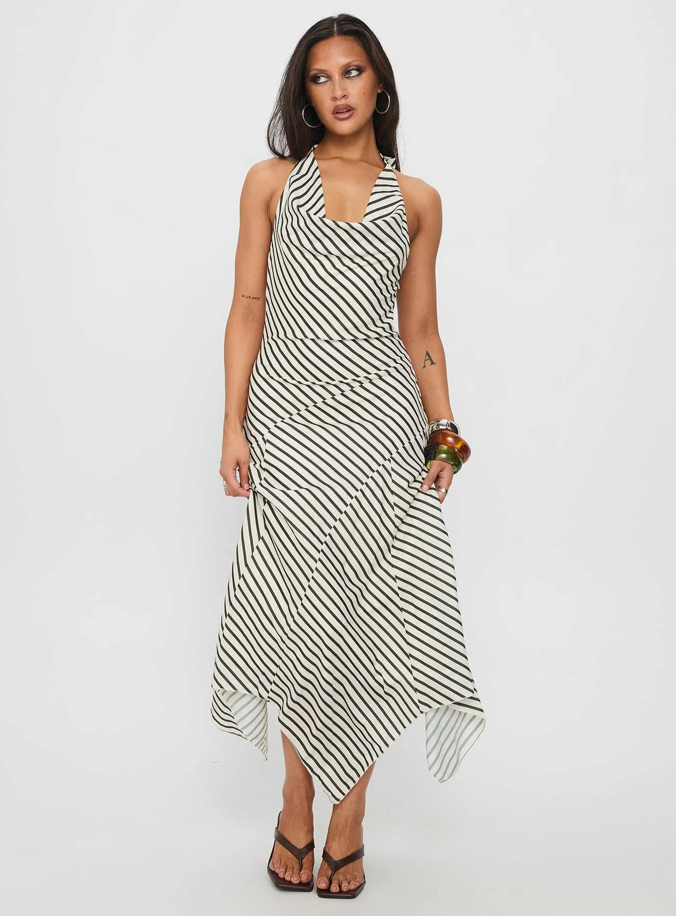 Junipa Halter Asymmetrical Maxi Dress White Stripe - Image 2