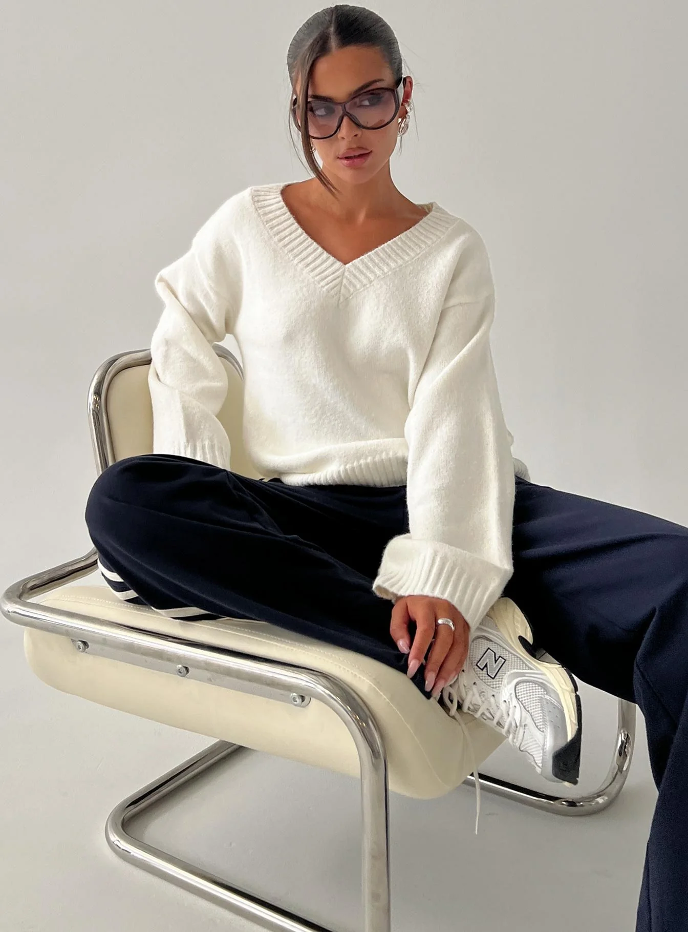 Kaileigh V Neck Knit Sweater Cream - Image 8