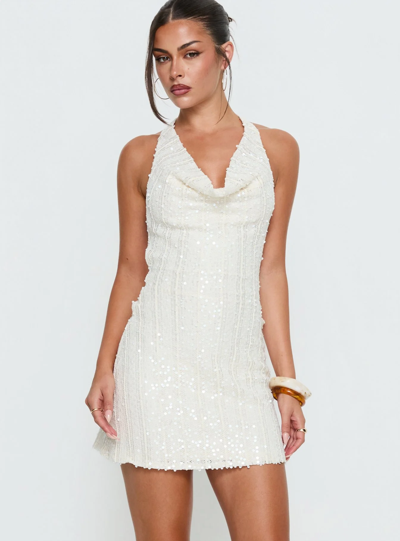 Kaimeila Halter Sequin Mini Dress Cream - Image 2