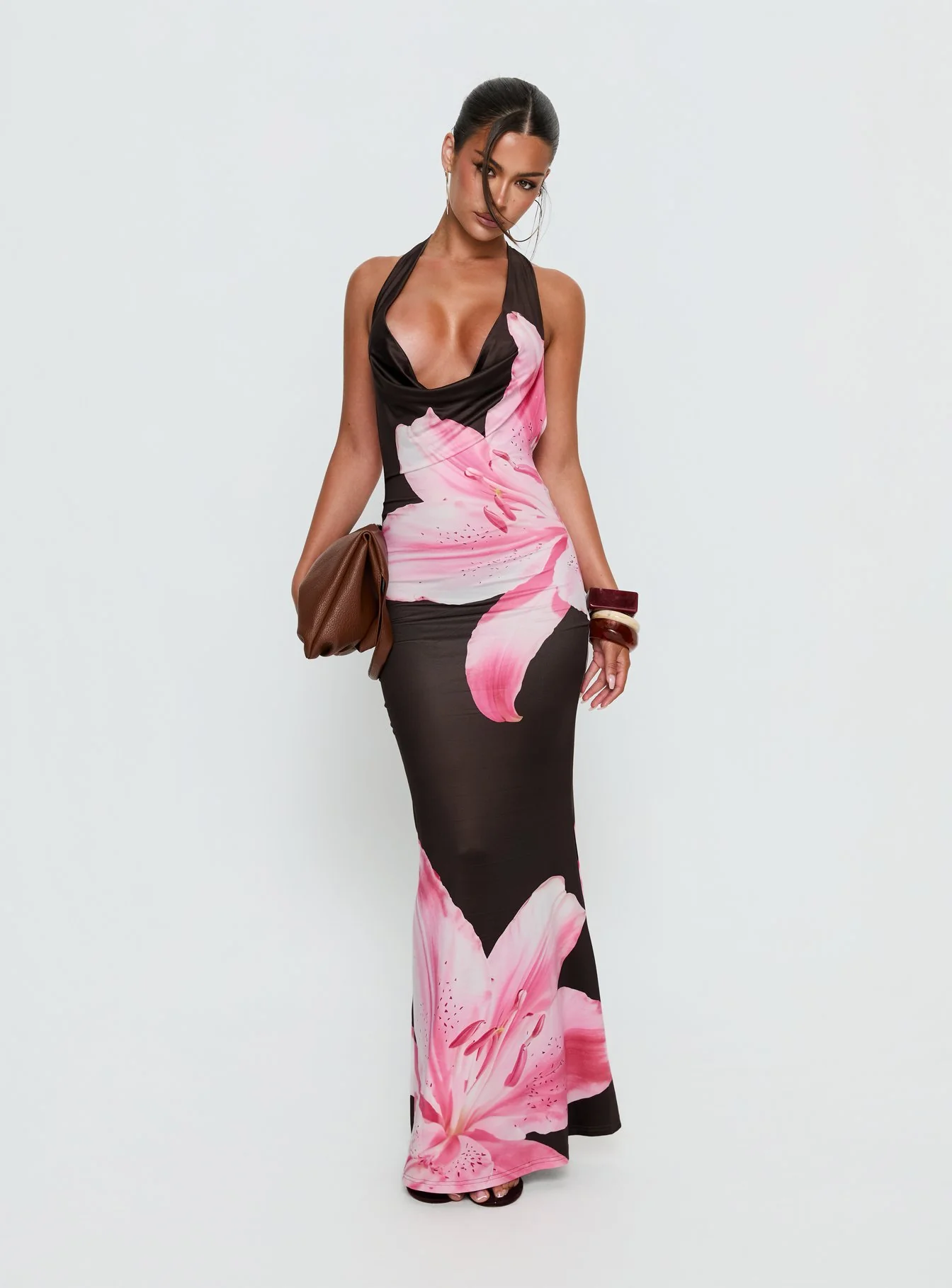 Kanara Halter Plunge Maxi Dress Chocolate / Pink Floral - Image 3