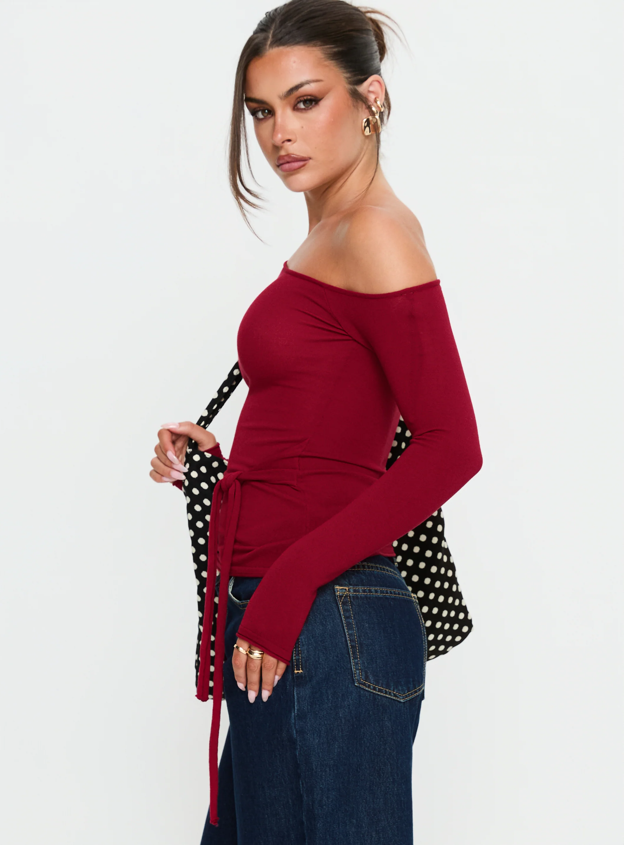 Kastor One Shoulder Long Sleeve Top Burgundy - Image 3