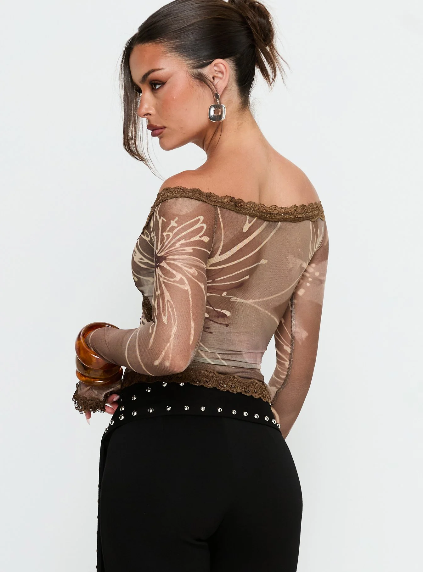 Katlyne Long Sleeve Lace Trim Top Brown Floral - Image 5