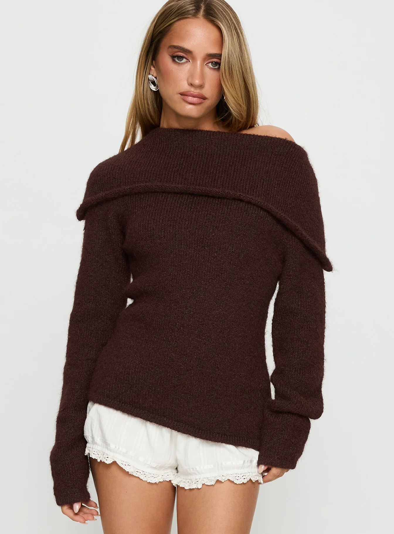 Kinslea Off Shoulder Knit Sweater Brown - Image 2