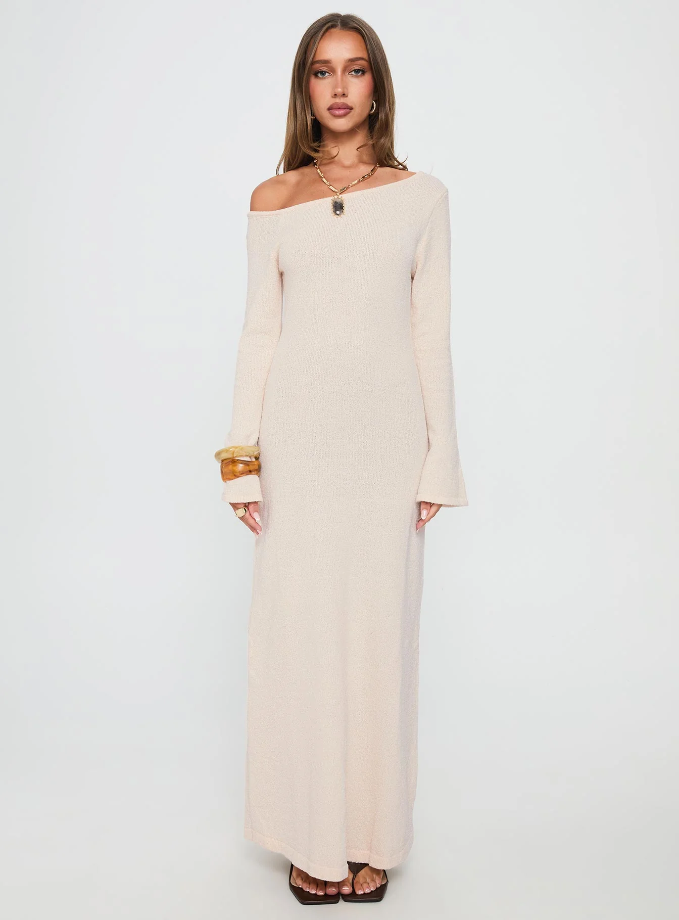 Kloey Long Sleeve Knit Maxi Dress Cream - Image 7