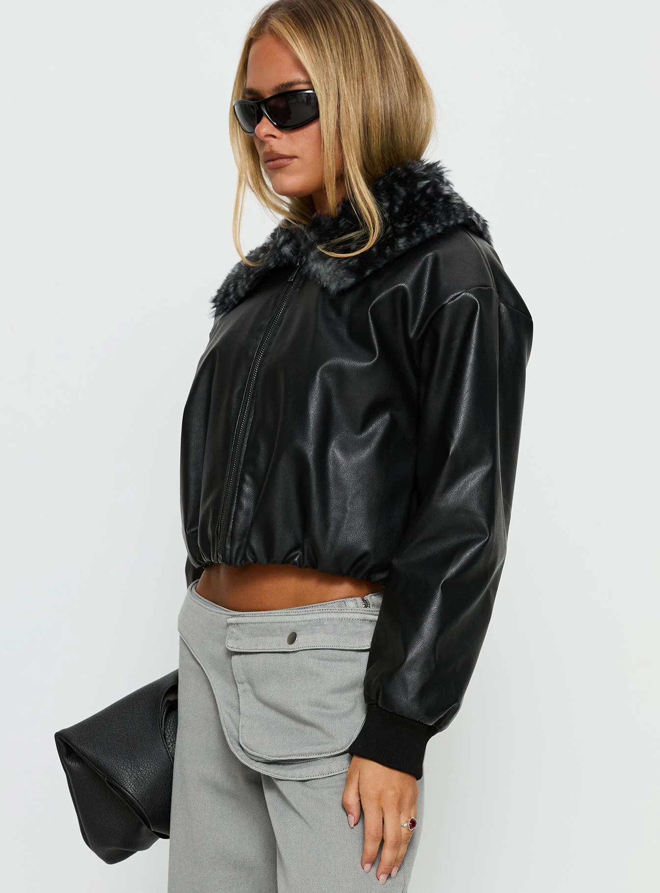 Koemi Faux Leather Collared Jacket Black - Image 4