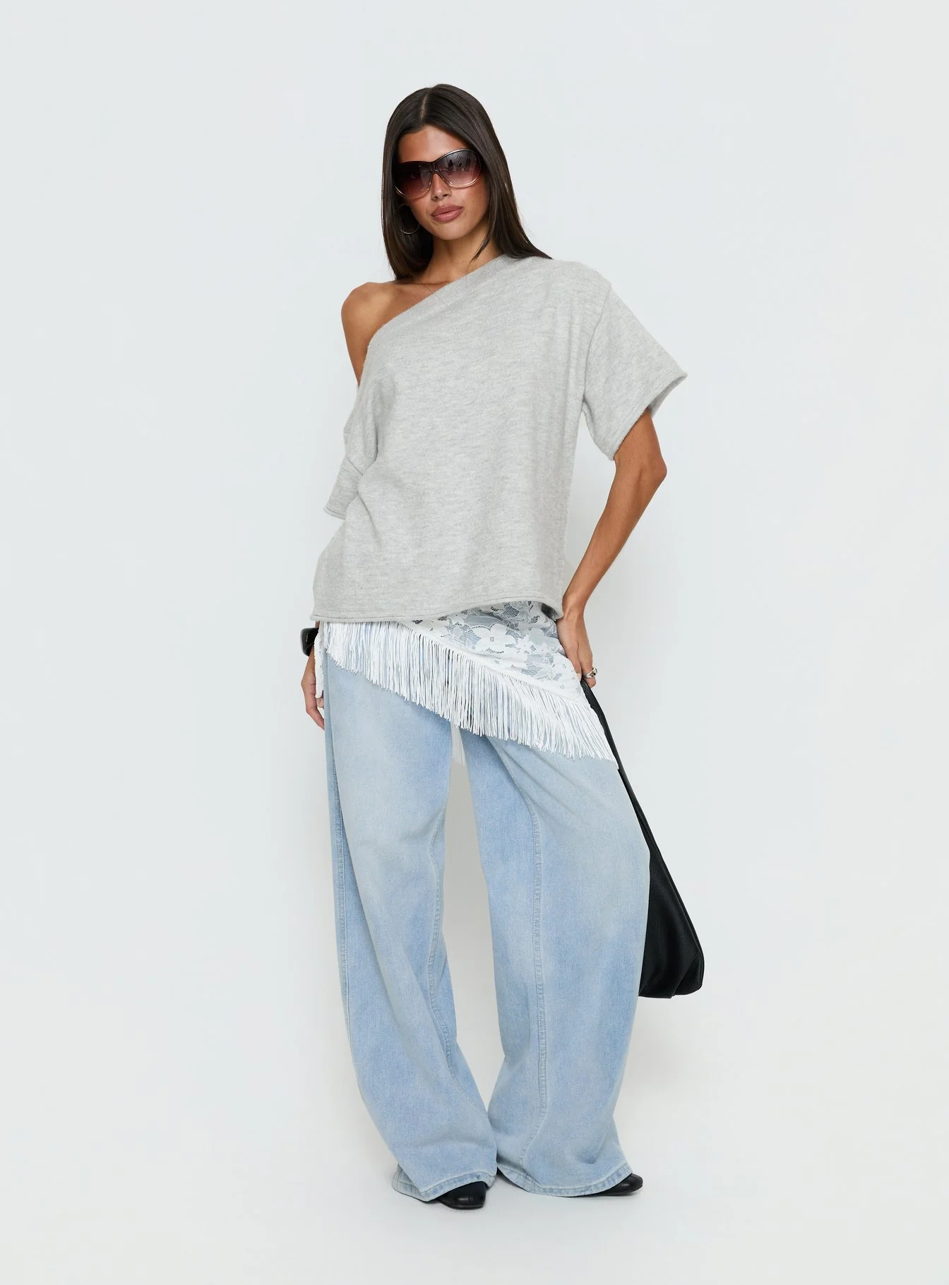 Kourta Off Shoulder Oversized Knit Top Grey Marle - Image 3