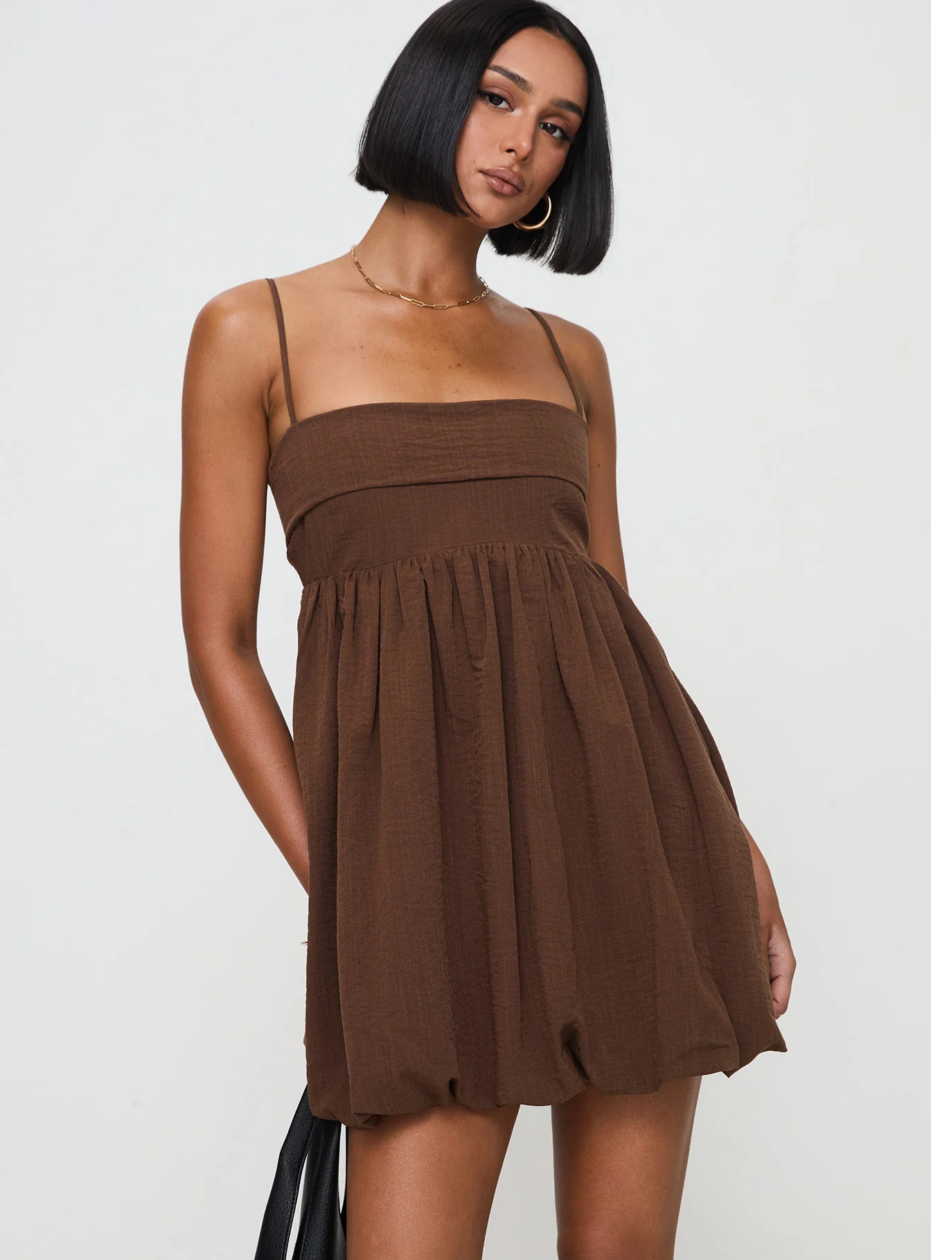 Layken Bubble Hem Mini Dress Chocolate Tall - Image 2