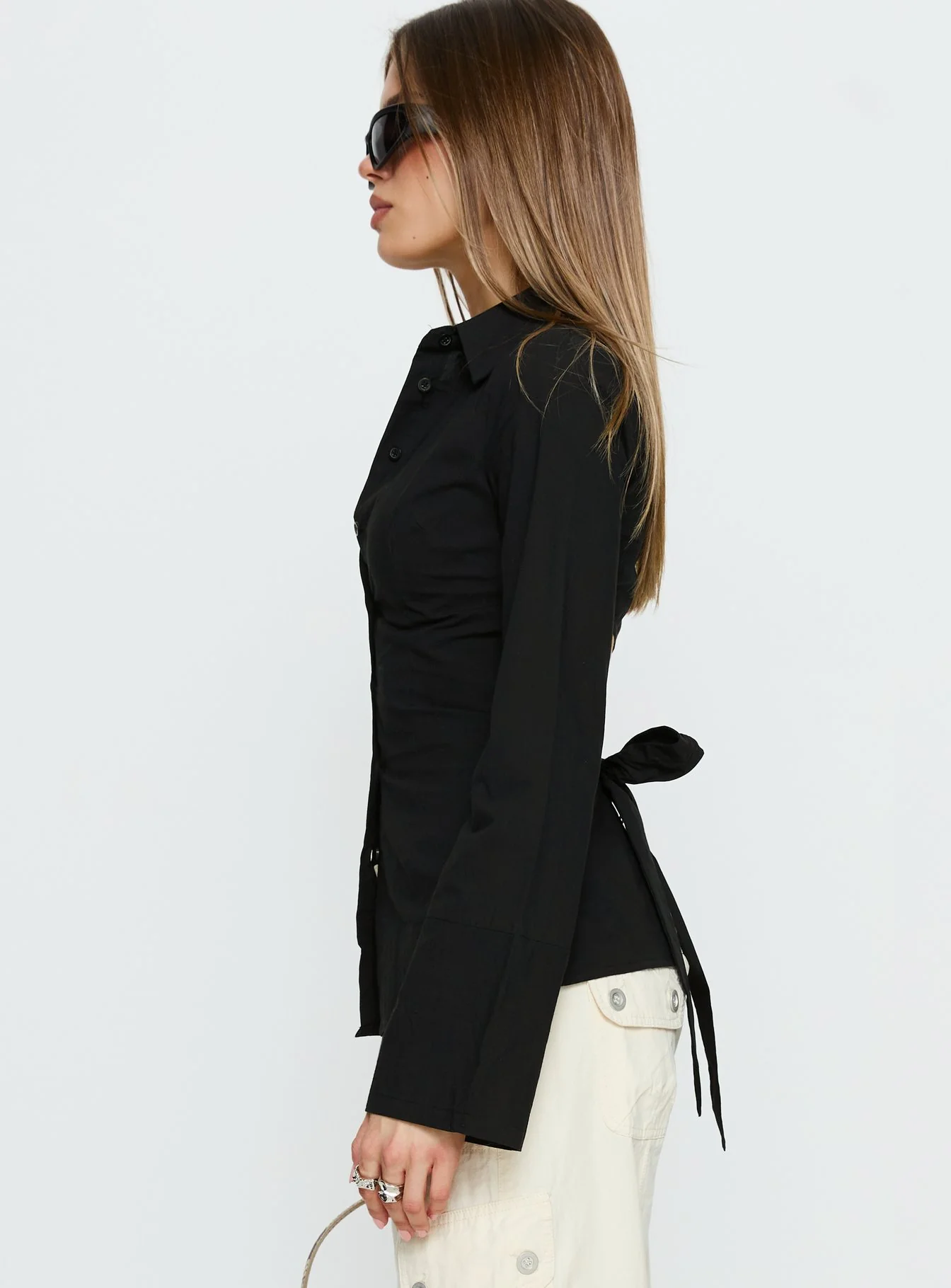 Lesper Long Sleeve Tie Back Top Black - Image 4