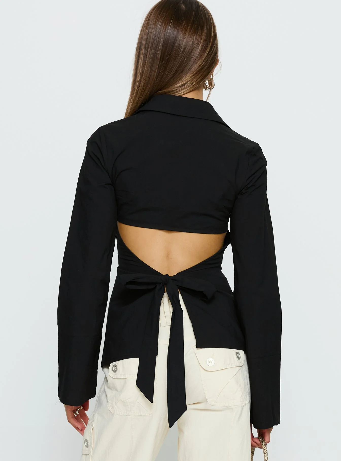 Lesper Long Sleeve Tie Back Top Black - Image 5