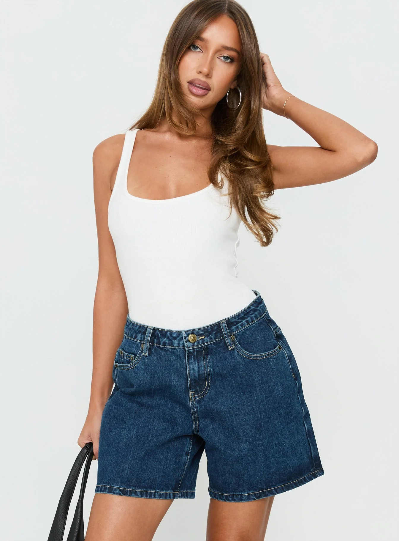 Dreamful Relaxed Longline Denim Shorts Mid Blue Wash