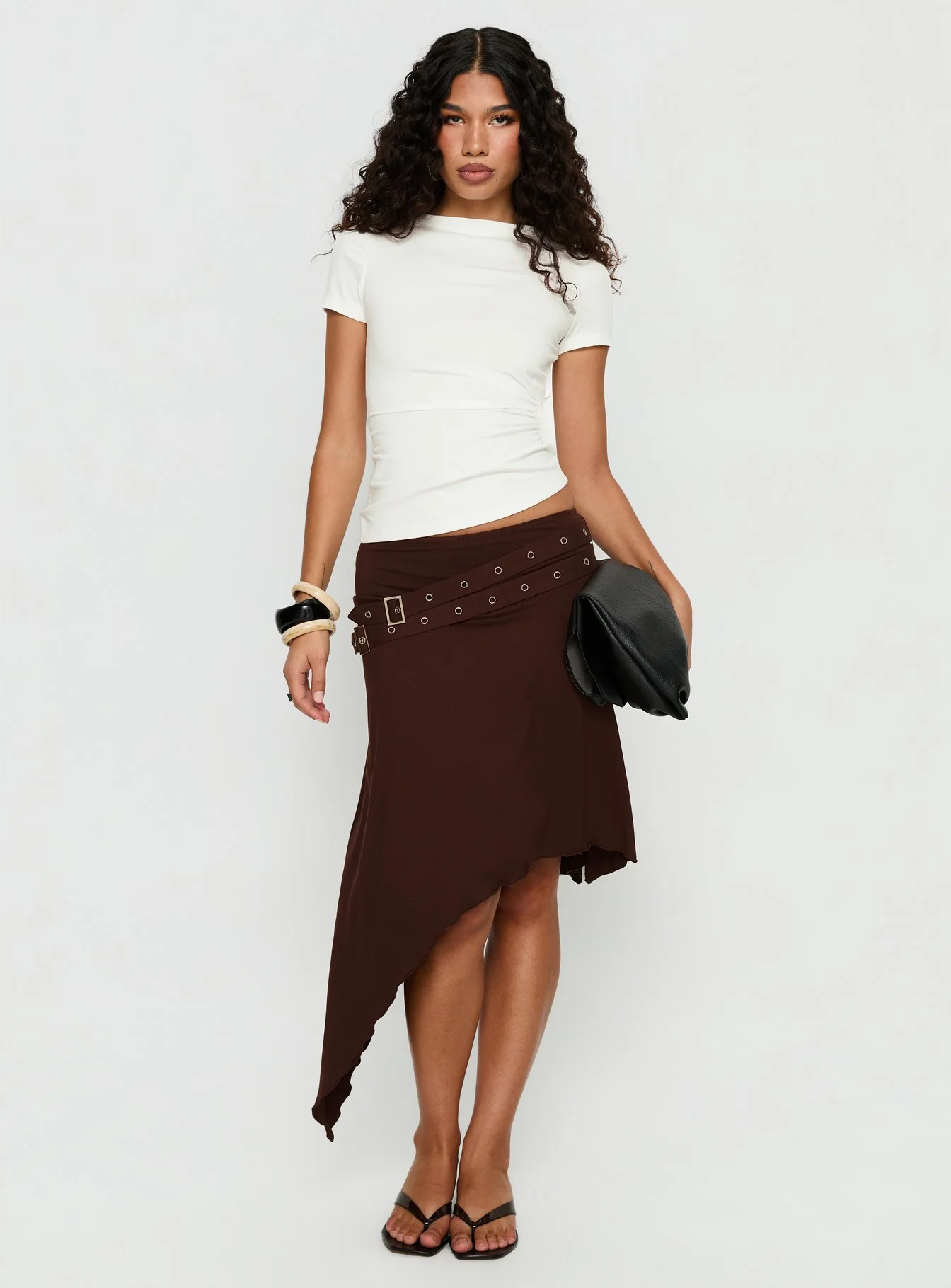 Lorensa Double Buckle Asymmetrical Midi Skirt Brown - Image 3