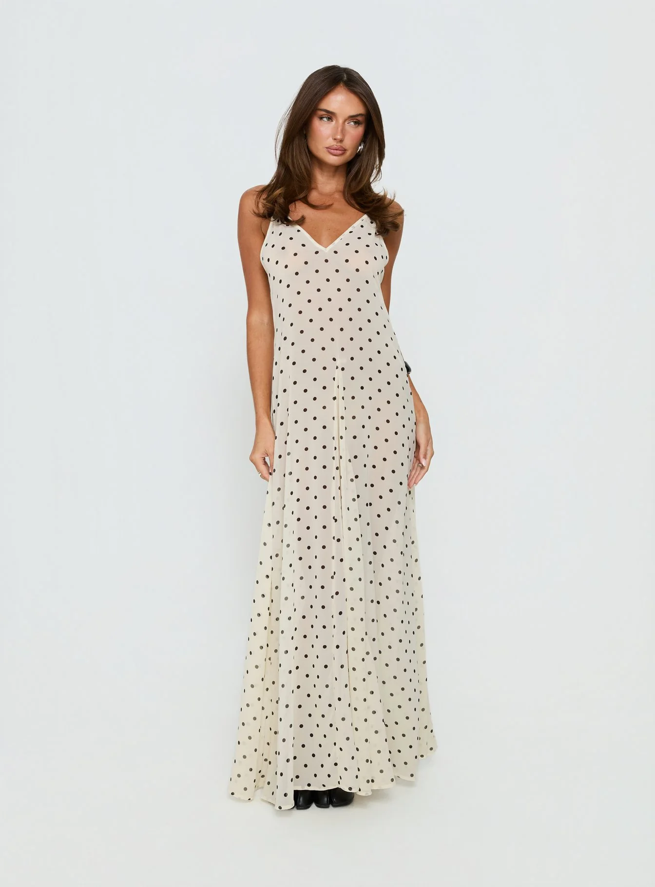Loulah Sheer Chiffon Maxi Dress Cream Polka Dot - Image 3