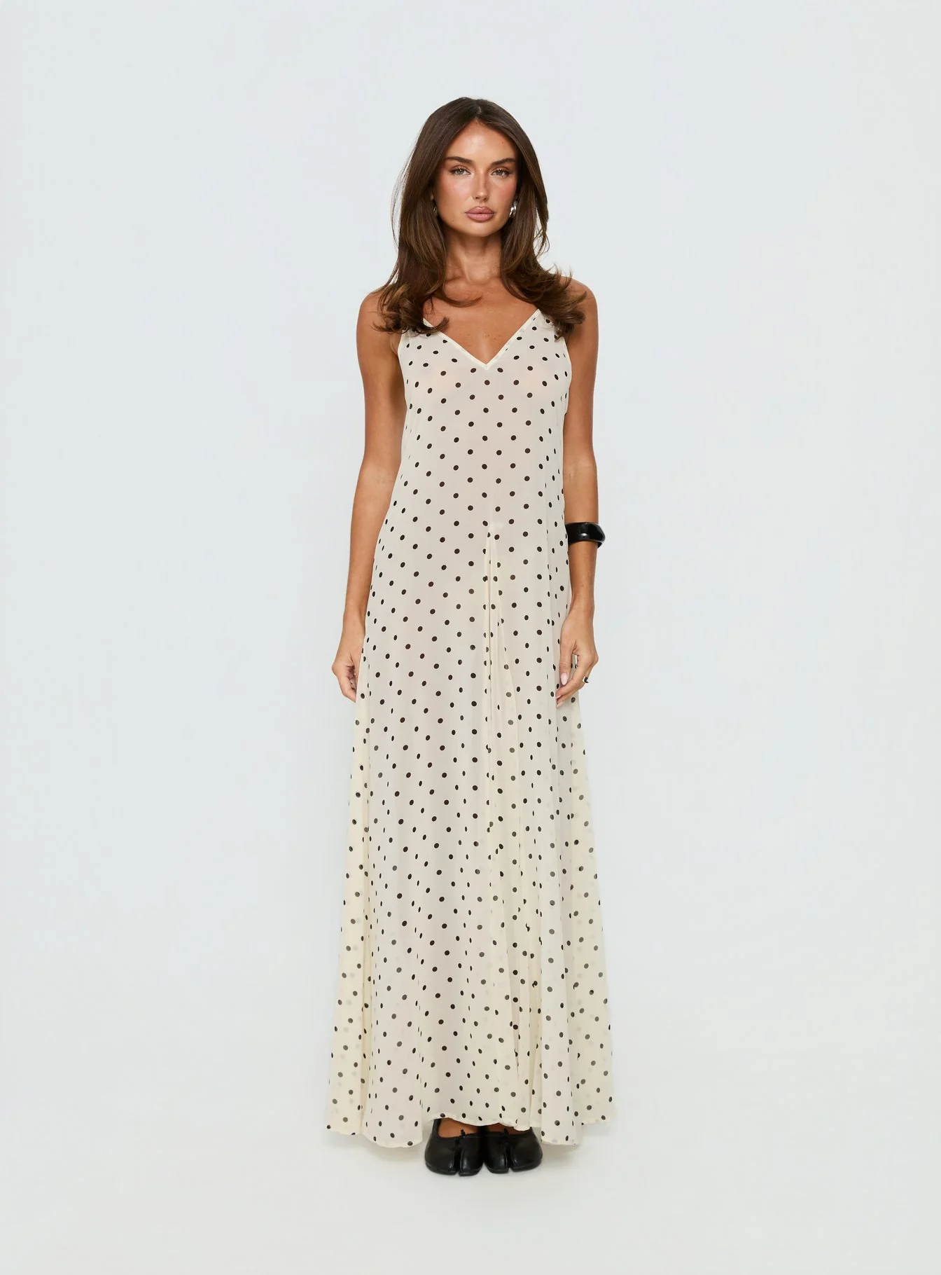 Loulah Sheer Chiffon Maxi Dress Cream Polka Dot - Image 8