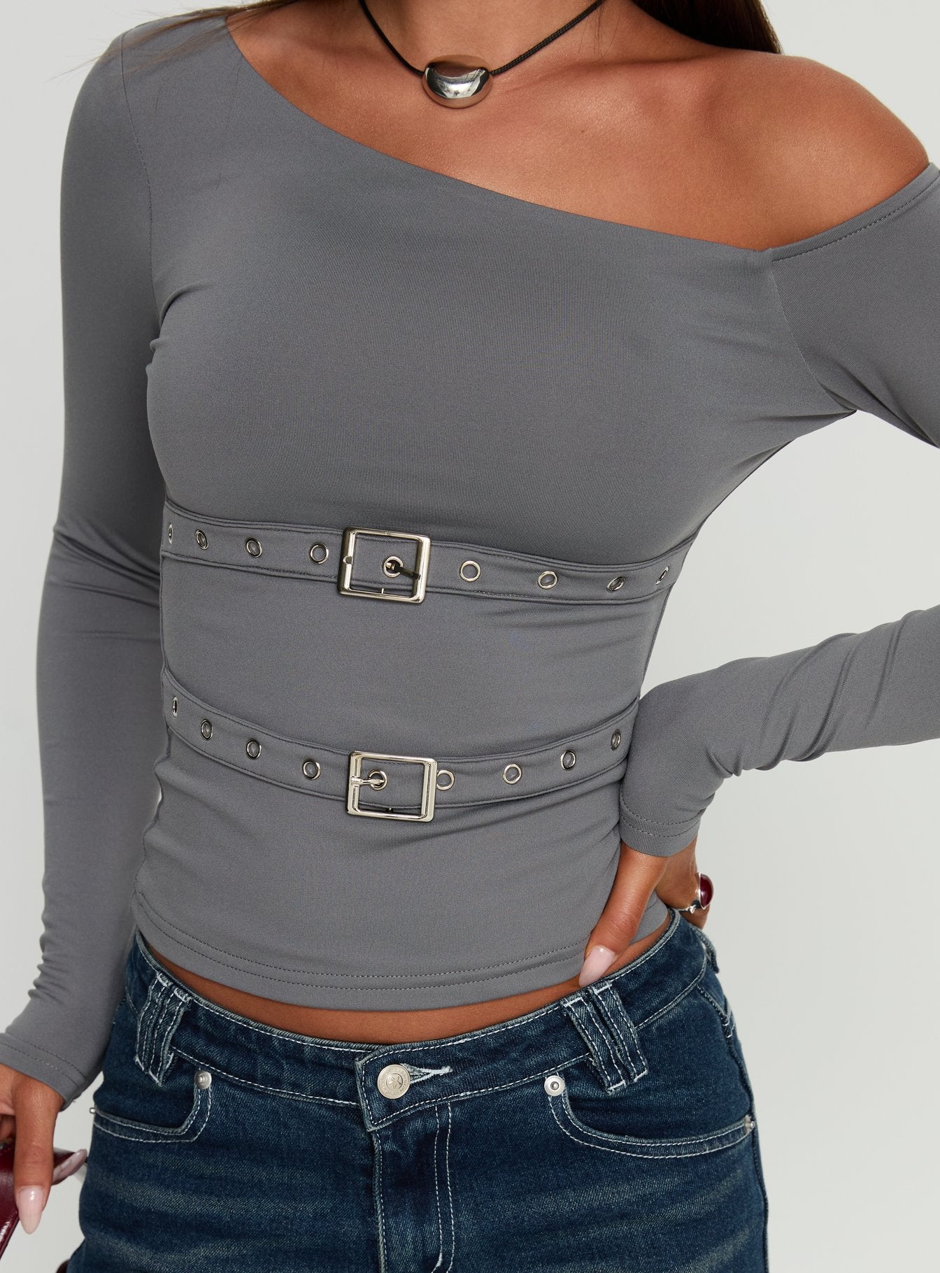 Luisana Buckle Detail One Shoulder Top Dark Grey - Image 6