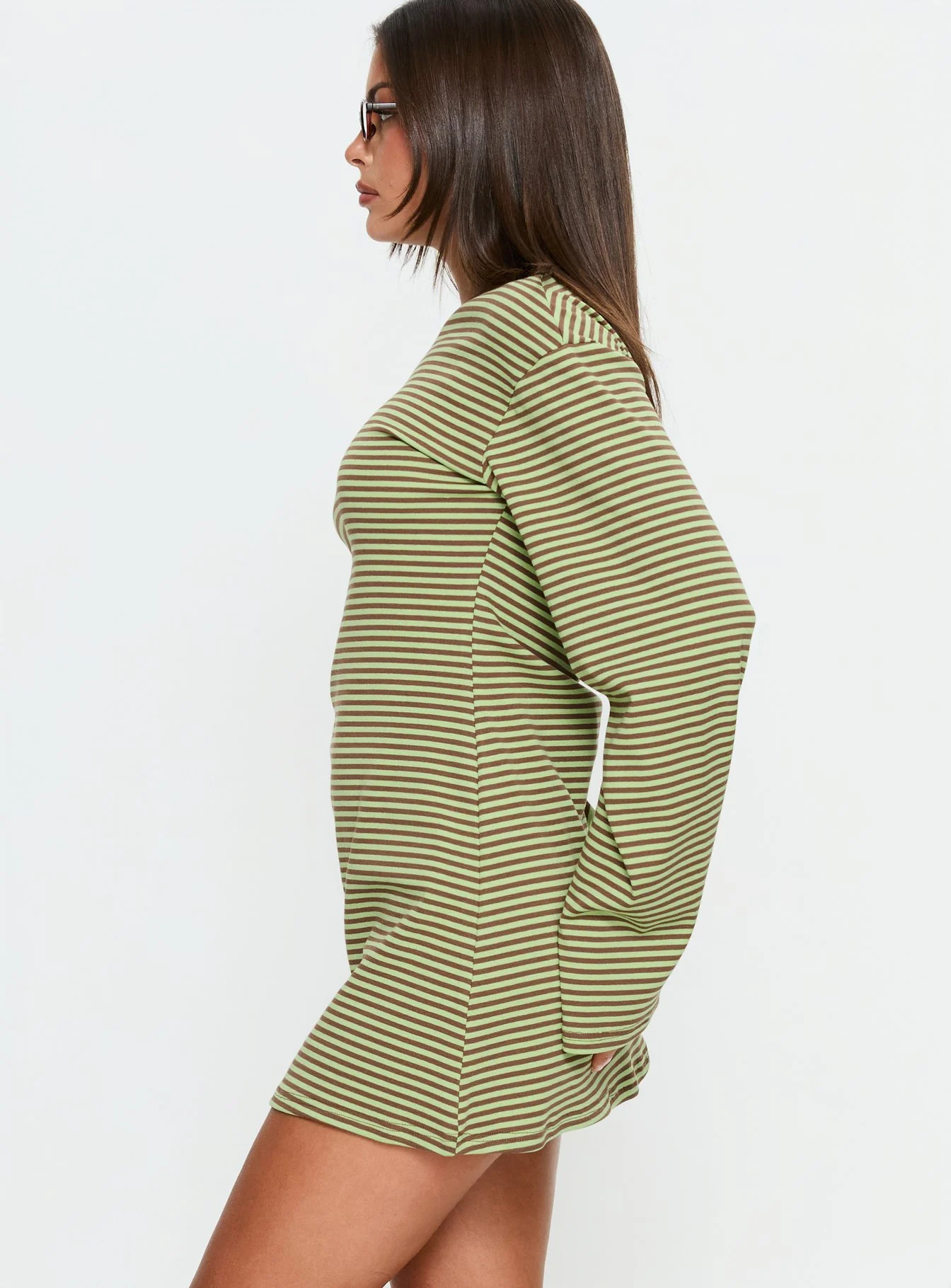 Lulolah Long Sleeve Mini Dress Green / Chocolate Stripe - Image 4