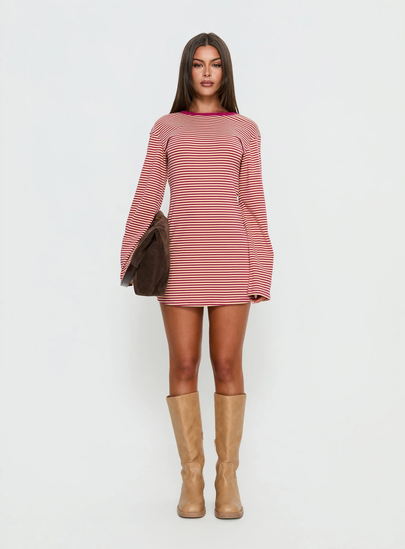 Lulolah Long Sleeve Mini Dress Lemon / Burgundy Stripe - Image 7