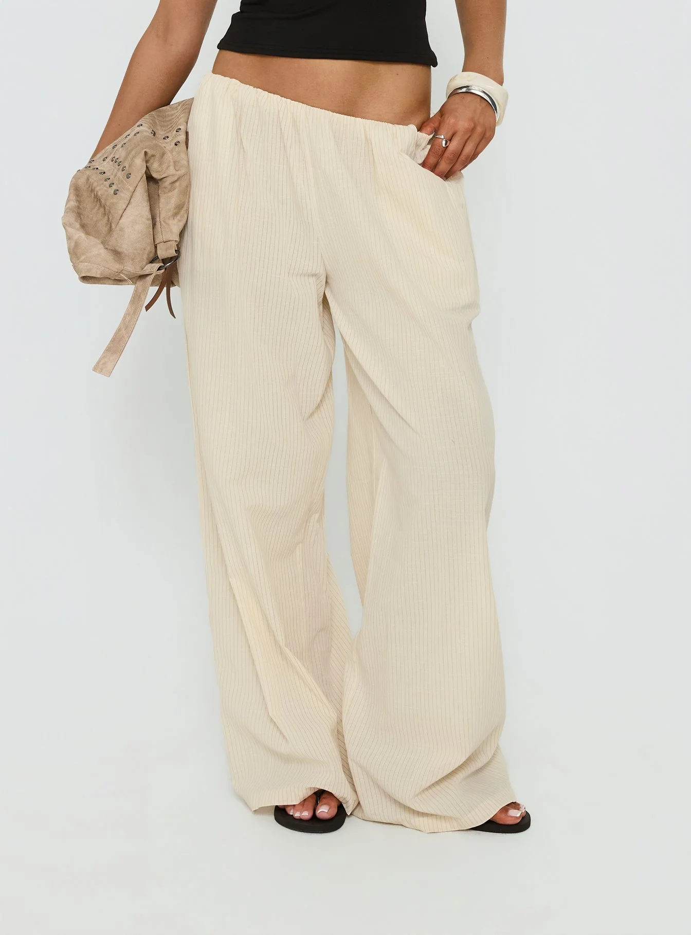 Lunea Concealed Waistband Pants Beige Stripe - Image 2