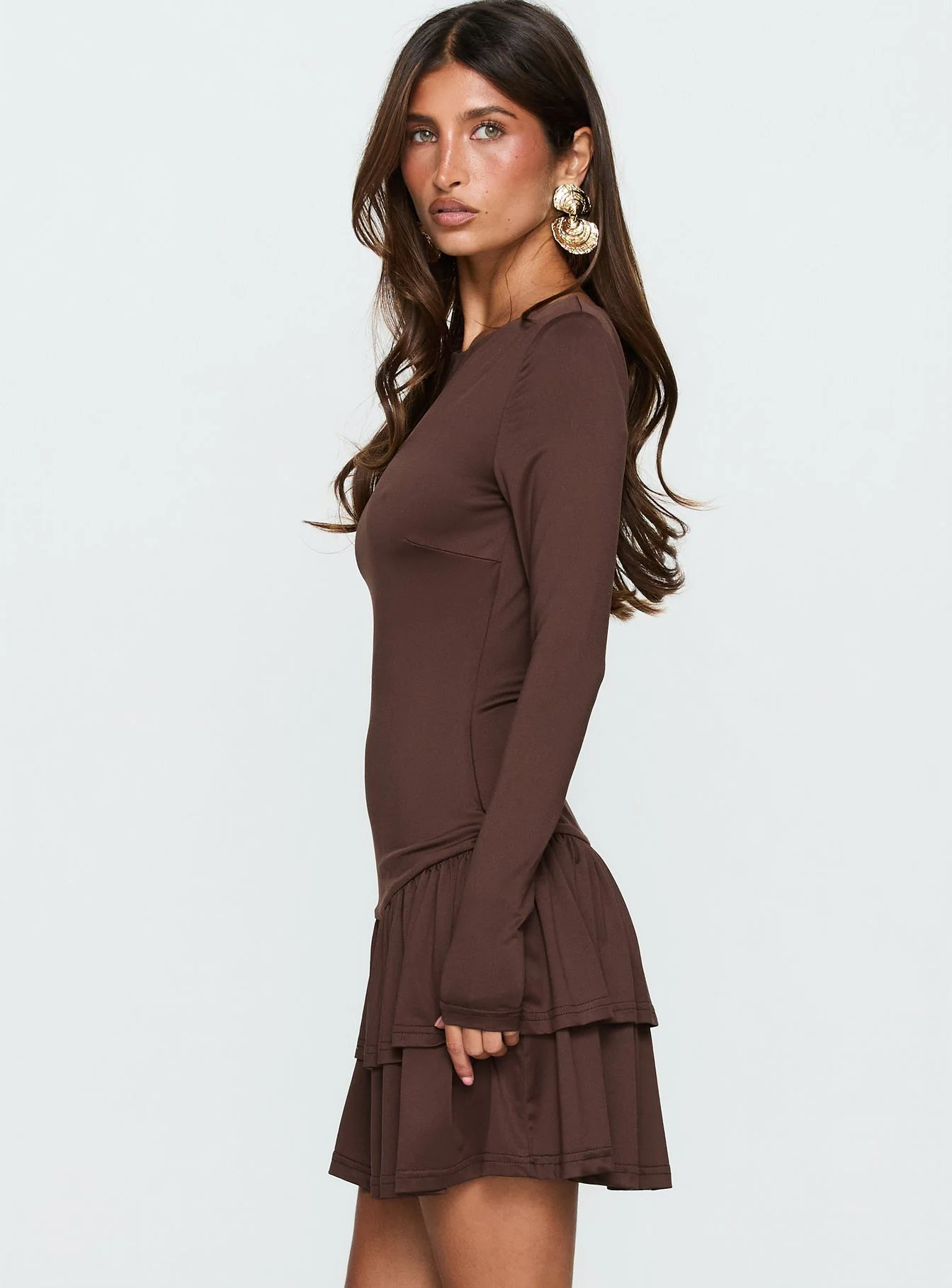 Mallissa Long Sleeve Ruffled Mini Dress Brown - Image 3